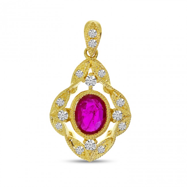 14K Yellow Gold Oval Ruby and Diamond Precious Pendant