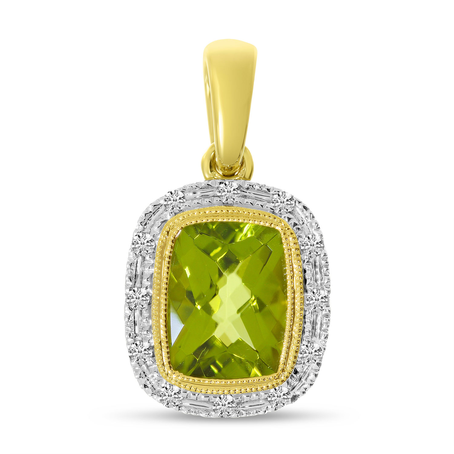 14K Yellow Gold Cushion Peridot and Diamond Halo Semi Precious Pendant