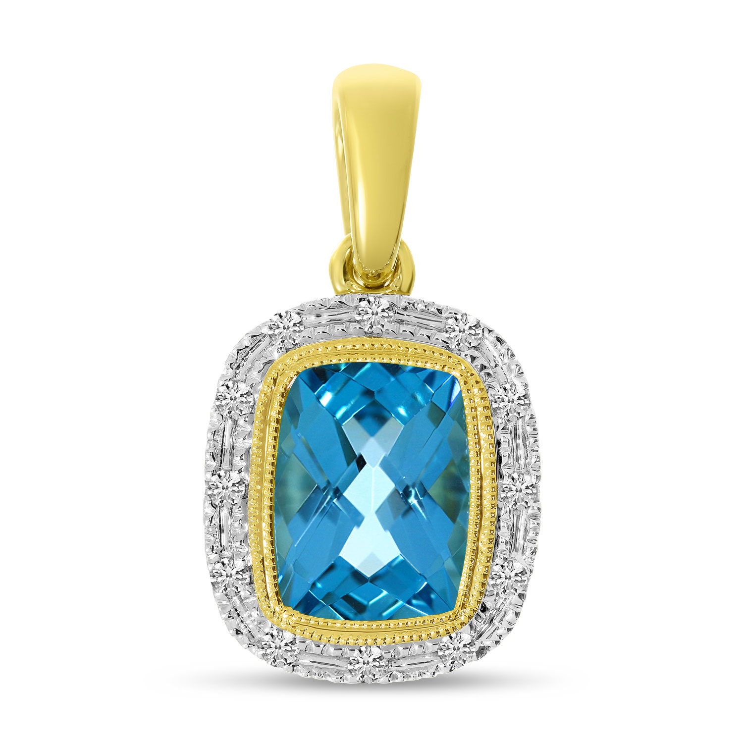 14K Yellow Gold Cushion Blue Topaz and Diamond Halo Semi Precious Pendant