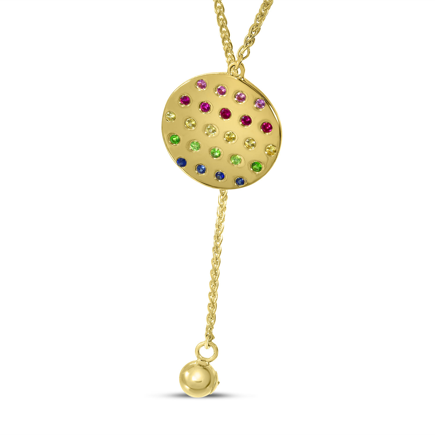 14K Yellow Gold Adjustable Rainbow Sapphire Disc Necklace