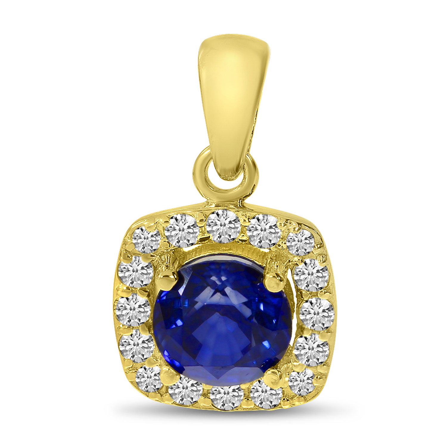 14K Yellow Gold Square Double Halo Sapphire Pendant