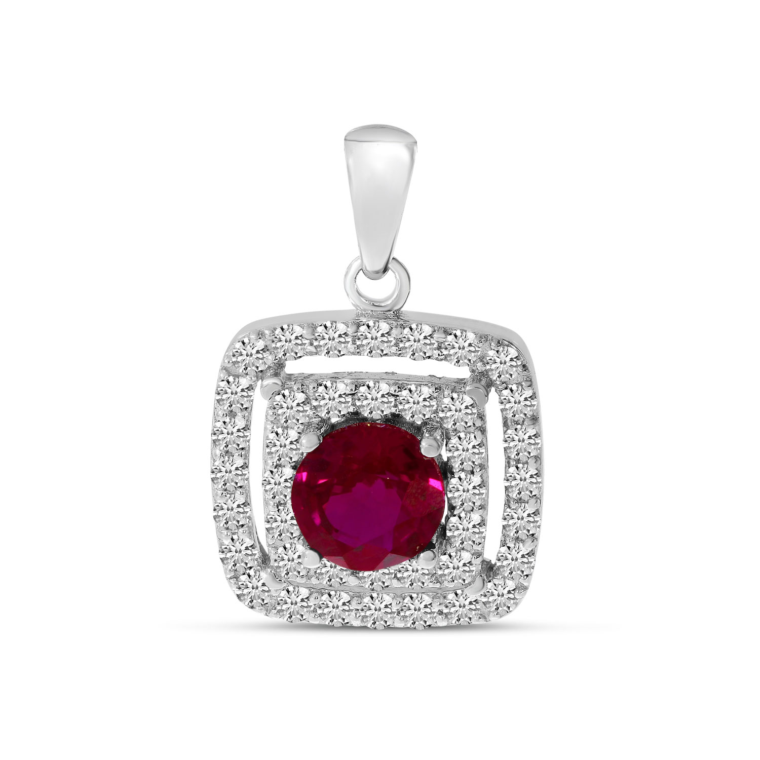 14K White Gold Double Halo Ruby Square Pendant