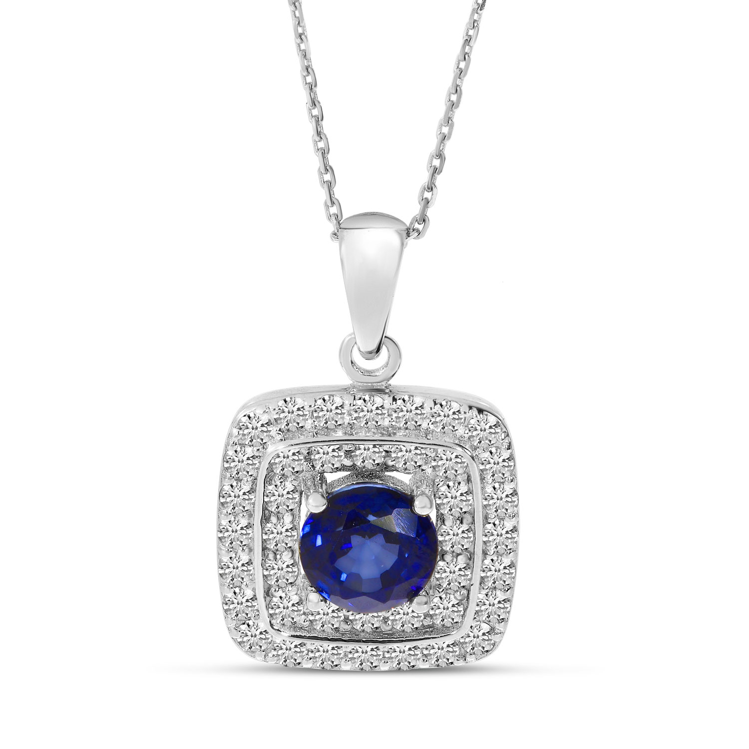 14K White Gold Diamond Square Halo Round Precious Pendant 