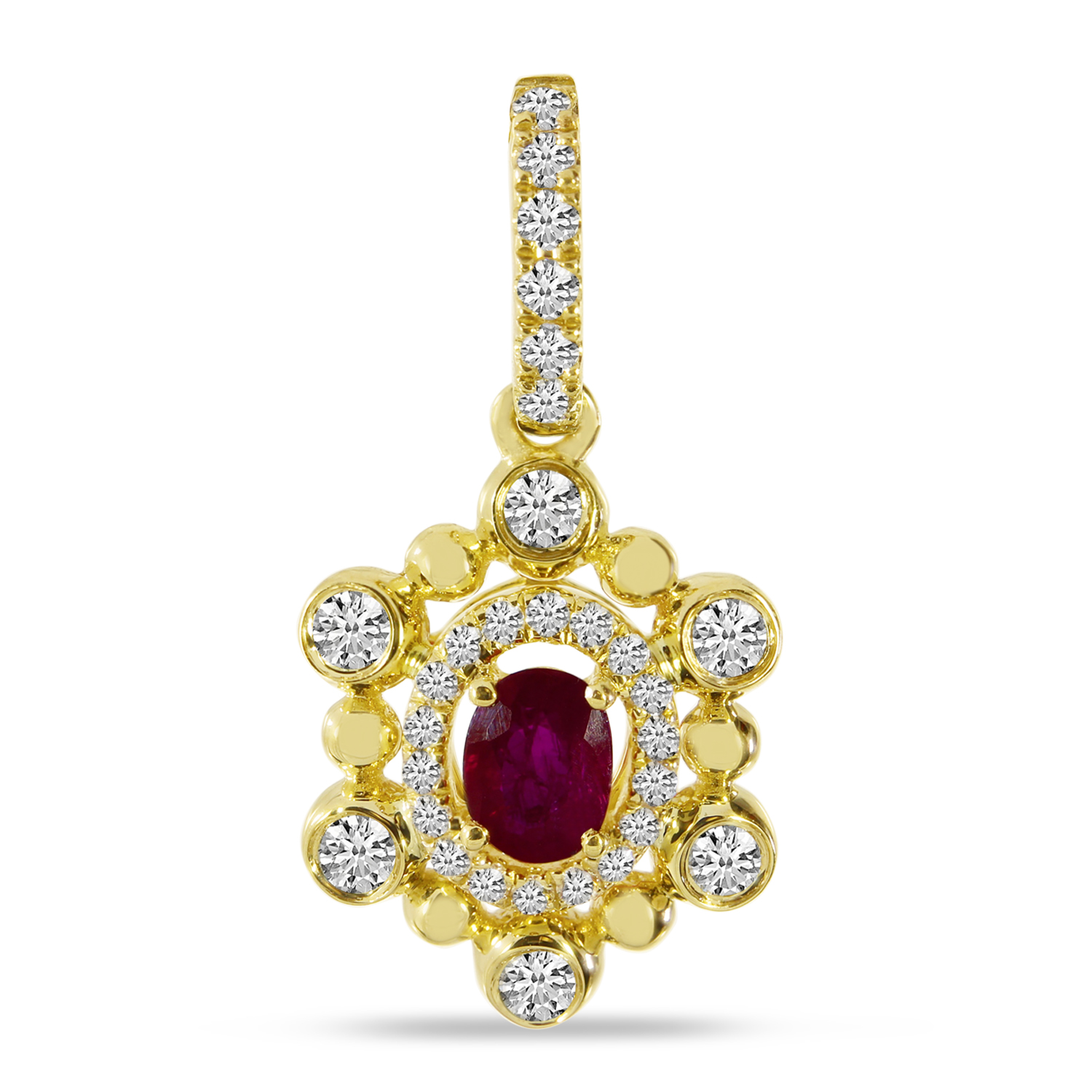 14K Yellow Gold Ruby and Diamond Beaded Pendant