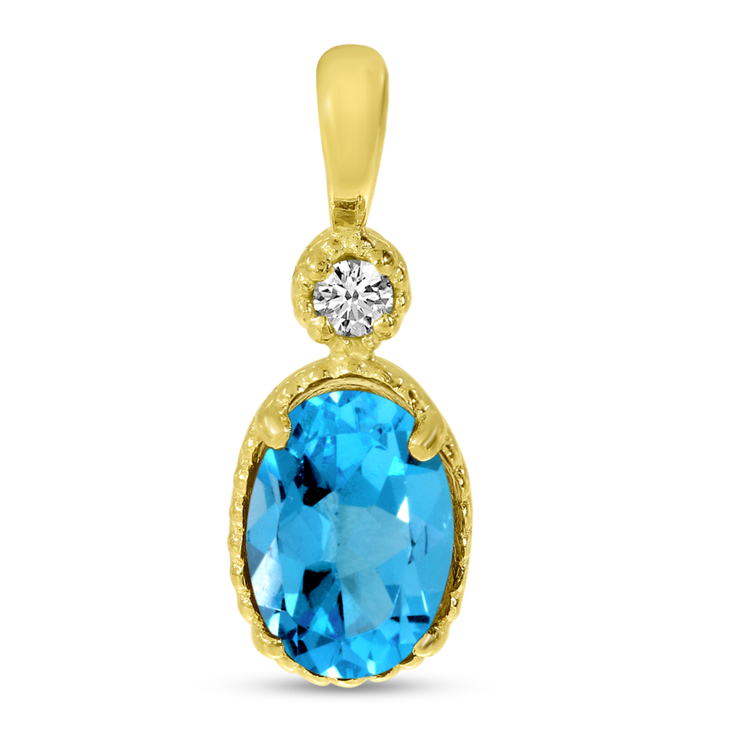 14K Yellow Gold Oval Blue Topaz Millgrain Birthstone Pendant