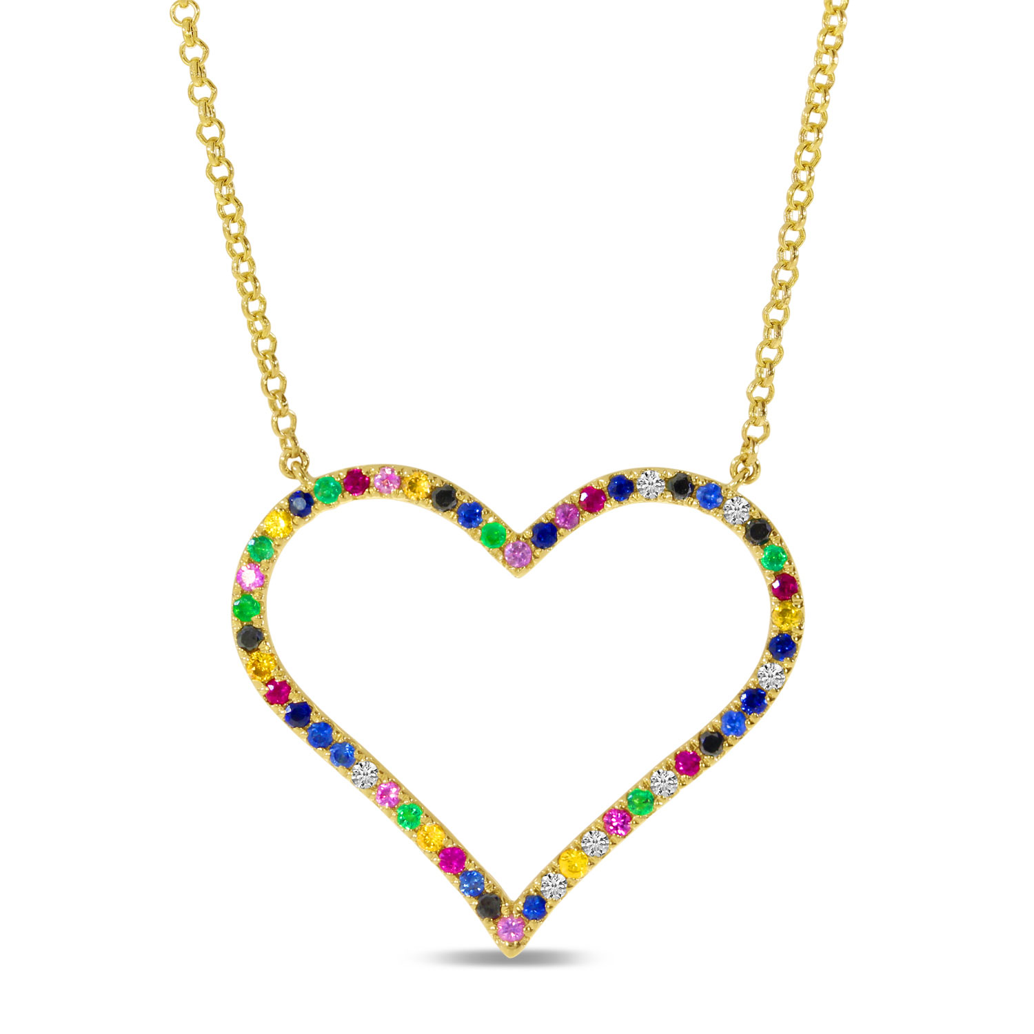 14K Yellow Gold Rainbow Sapphire Large Open Heart Necklace