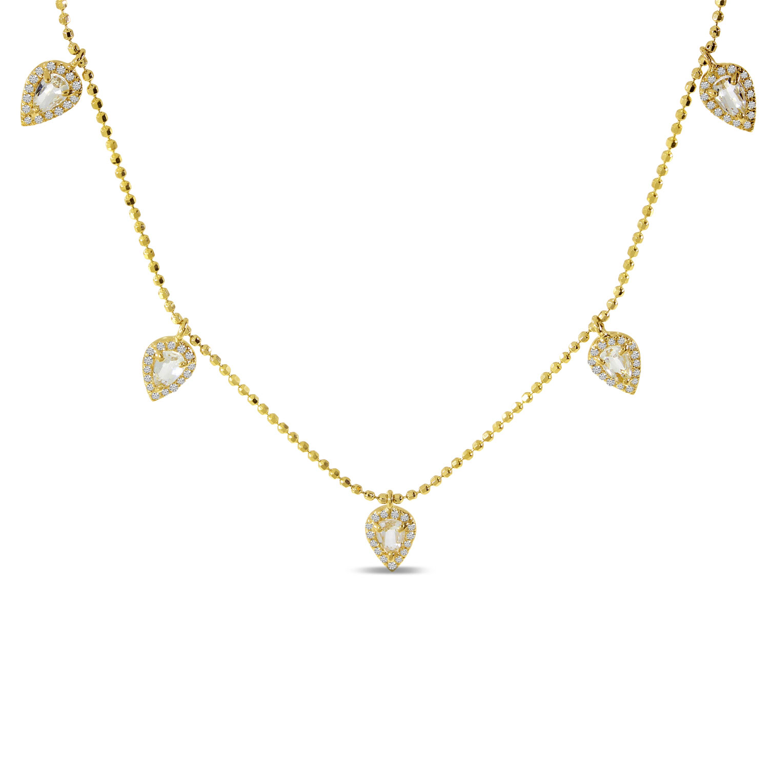 14K Yellow Gold Five Station Dangle Pear White Topaz and Diamond Necklace