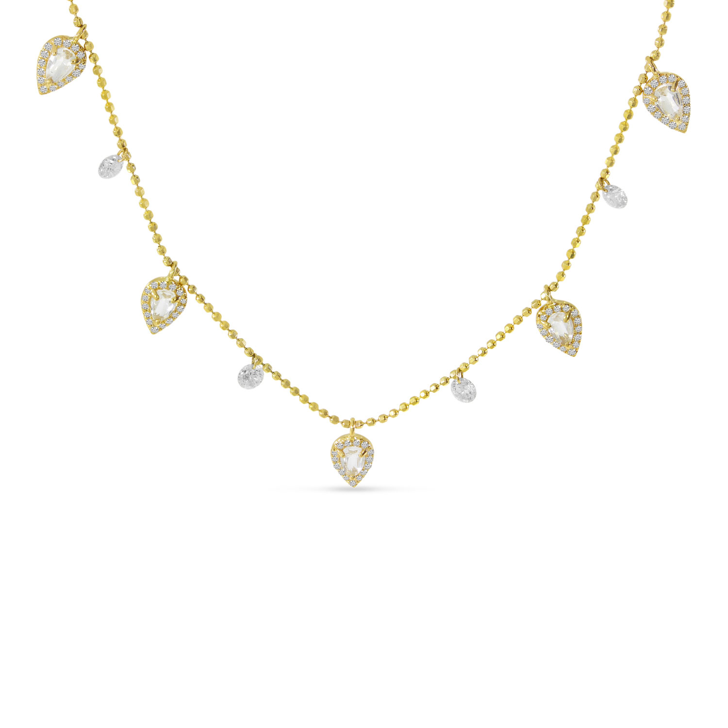 14K Yellow Gold Dashing Diamond Five Station Dangle Pear White Topaz Necklace