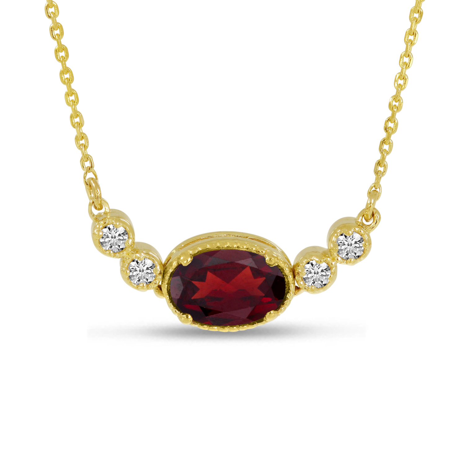 14K Yellow Gold Oval Garnet Birthstone Millgrain Necklace