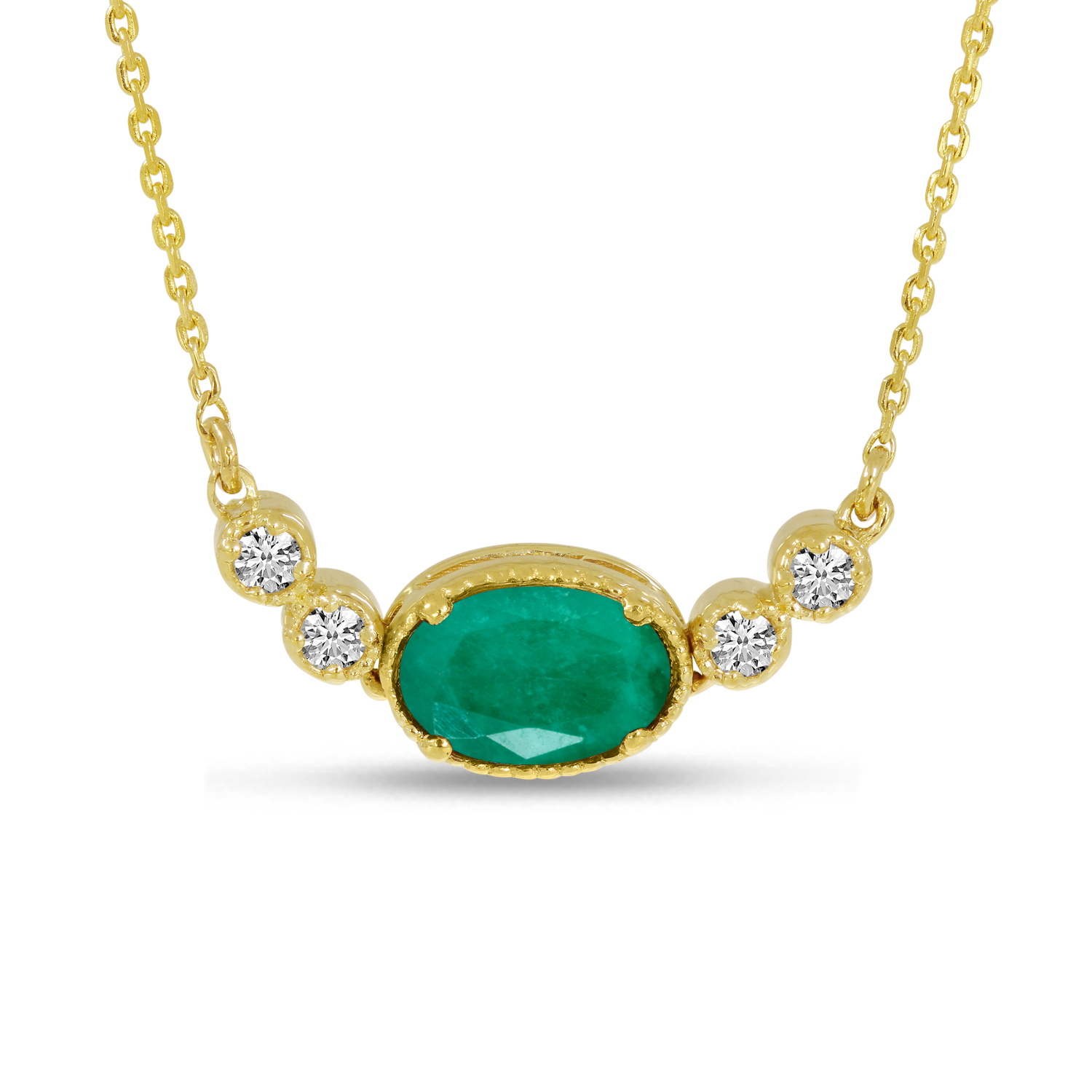 14K Yellow Gold Oval Emerald Birthstone Millgrain Necklace