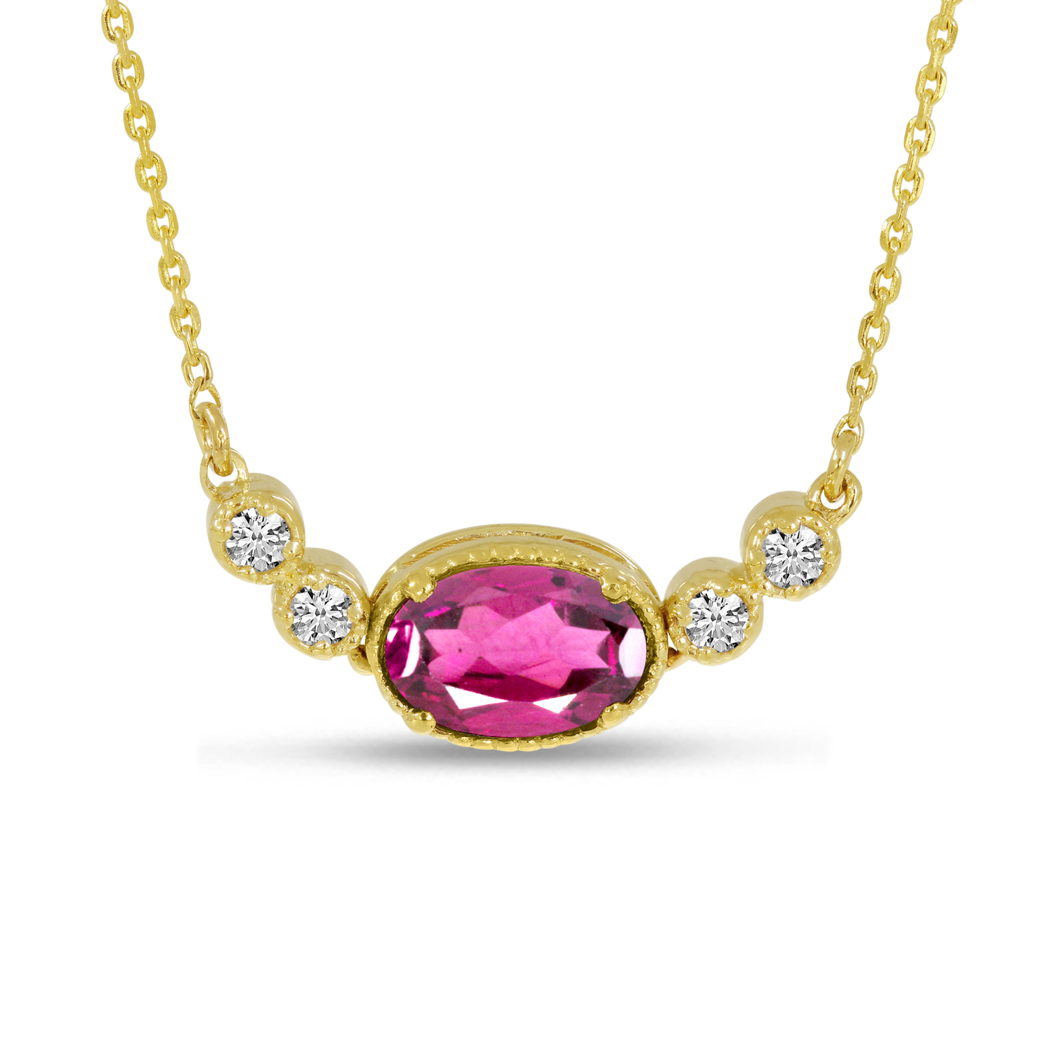 14K Yellow Gold Oval Pink Tourmaline Birthstone Millgrain Necklace