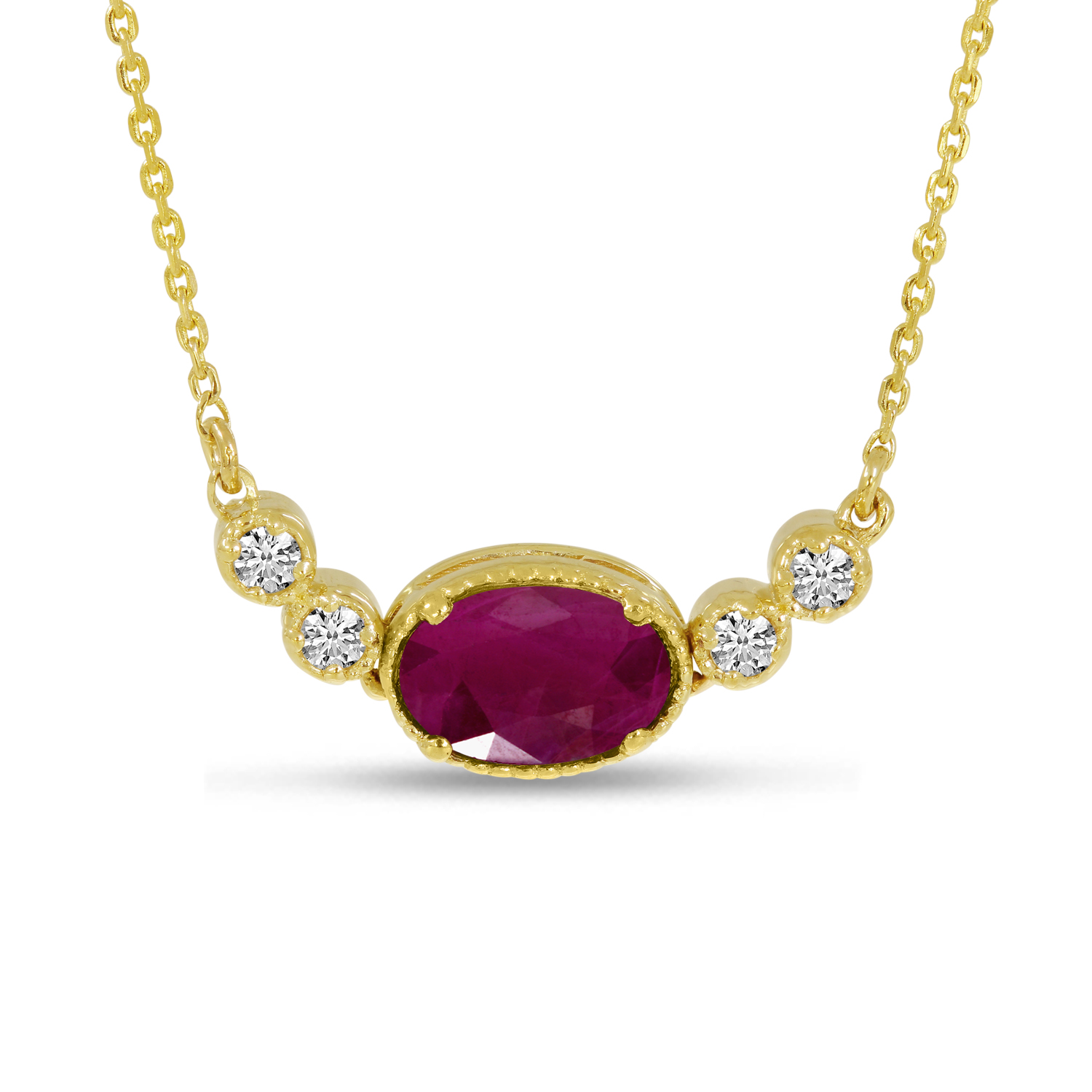 14K Yellow Gold Oval Ruby Birthstone Millgrain Necklace