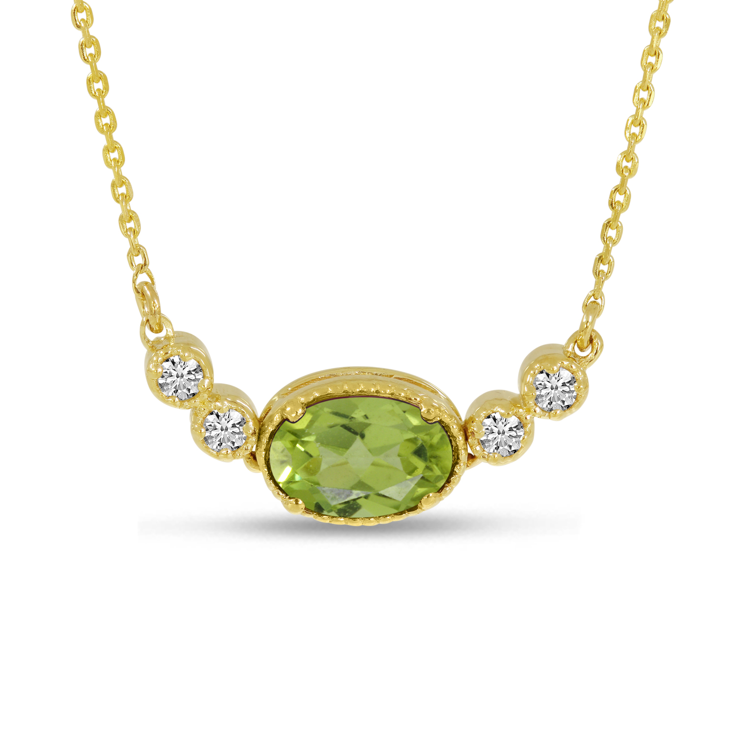 14K Yellow Gold Oval Peridot Birthstone Millgrain Necklace