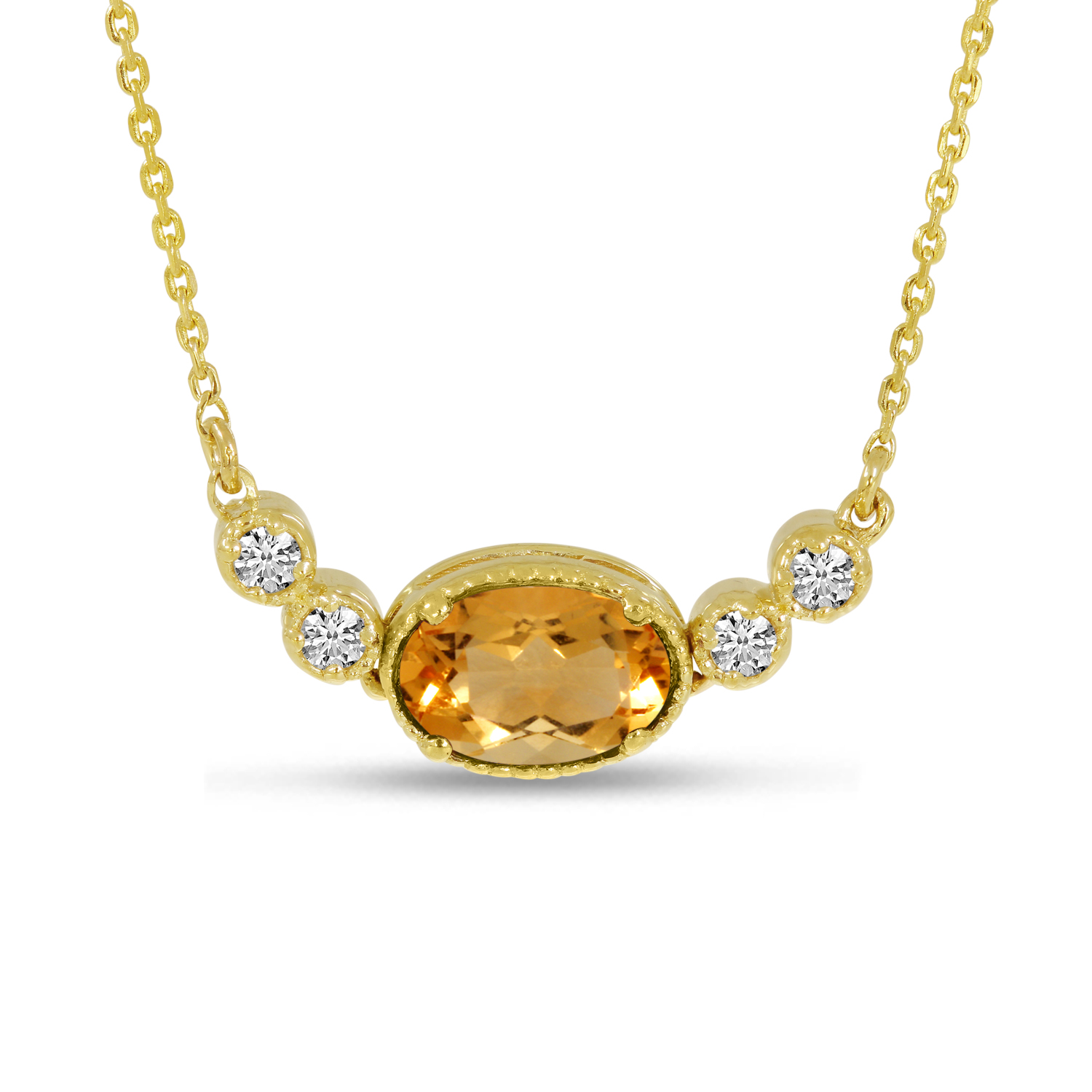 14K Yellow Gold Oval Citrine Birthstone Millgrain Necklace