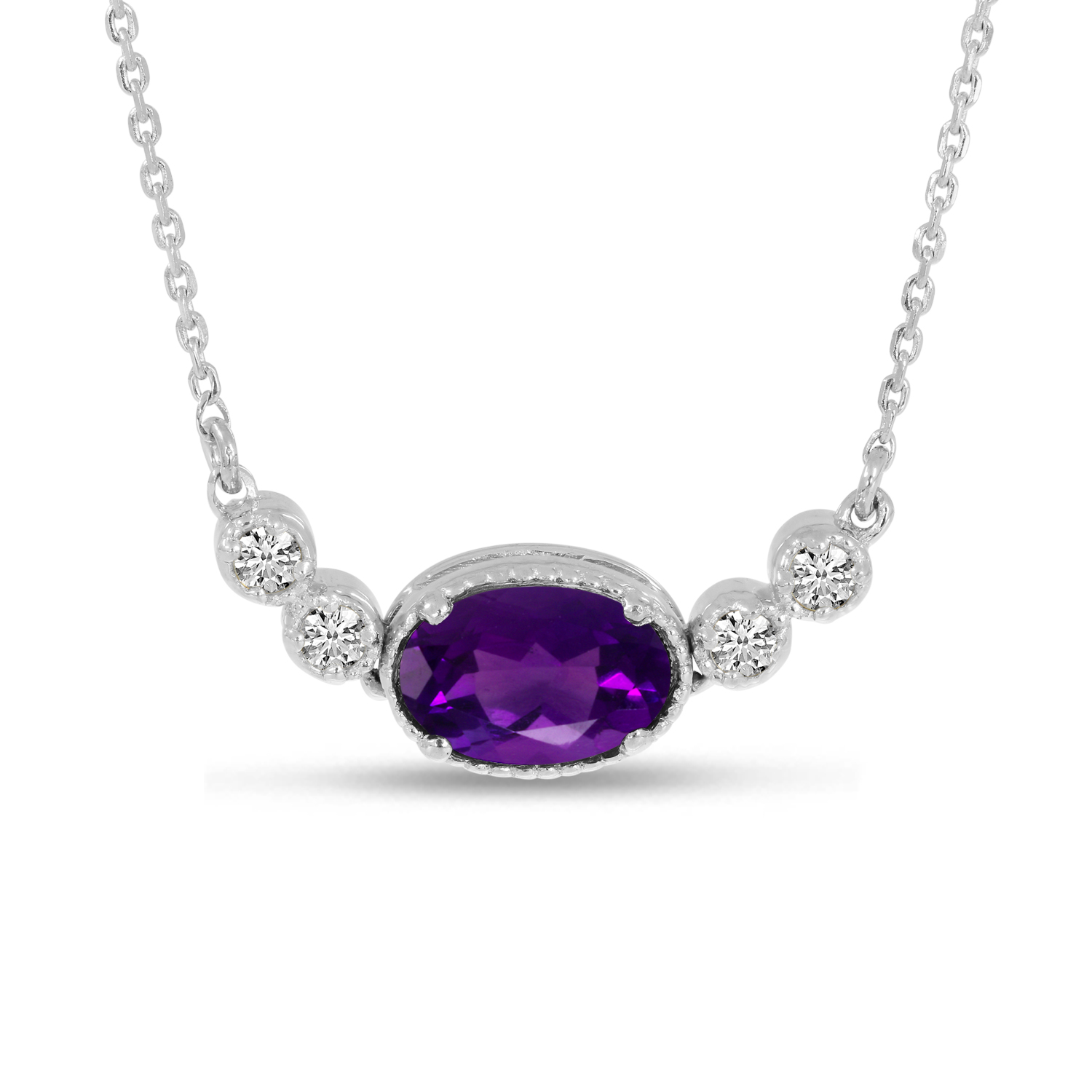 14K White Gold Oval Amethyst Birthstone Millgrain Necklace