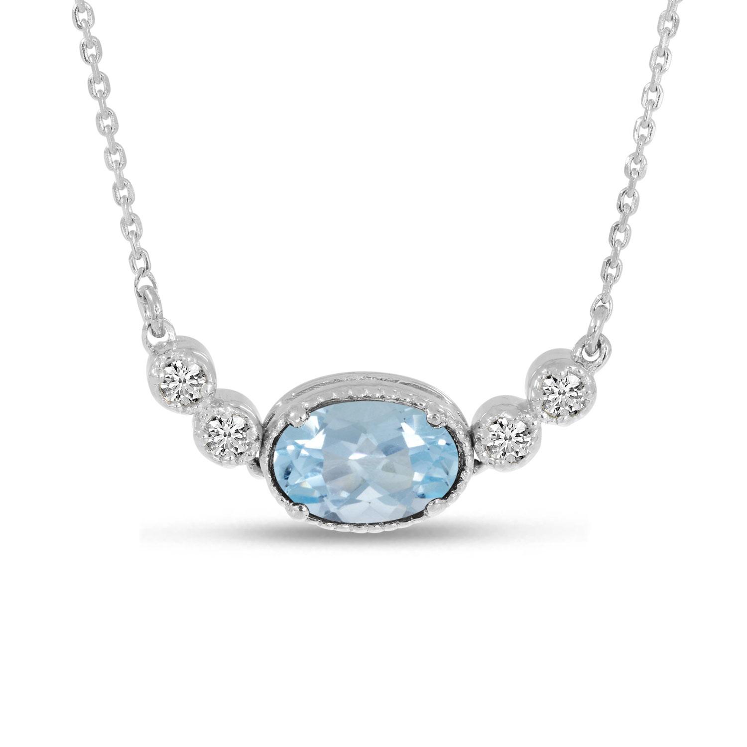14K White Gold Oval Aquamarine Birthstone Millgrain Necklace