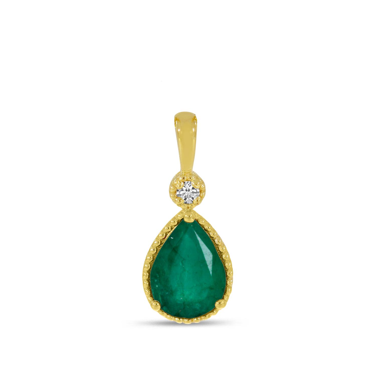 14K Yellow Gold Pear Emerald With Diamond Millgrain Birthstone Pendant