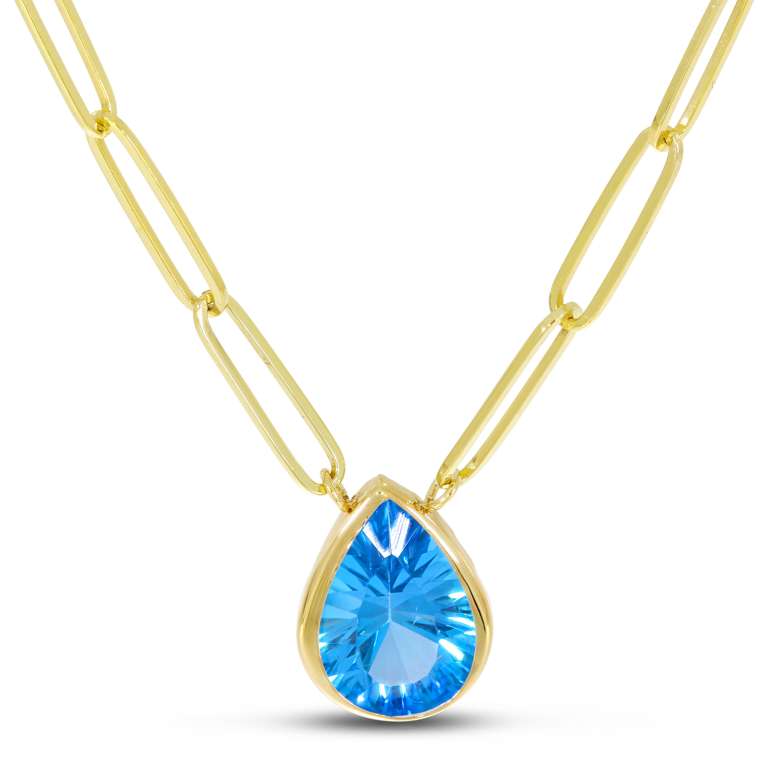 14K Yellow Gold Blue Topaz Pear Paperclip Chain Necklace