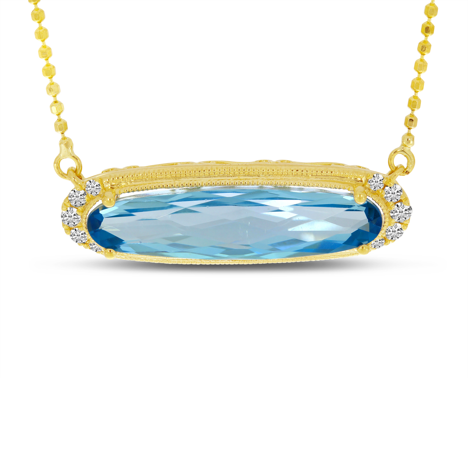 14K Yellow Gold Elongated Oval Blue Topaz East 2 West Necklace