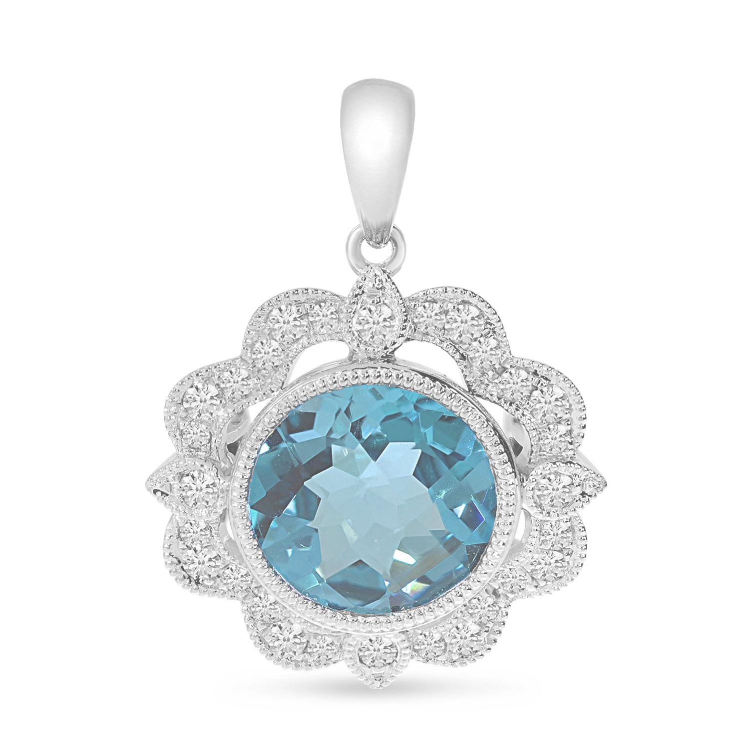 14K White Gold Round Aquamarine and Diamond Millgrain Pendant