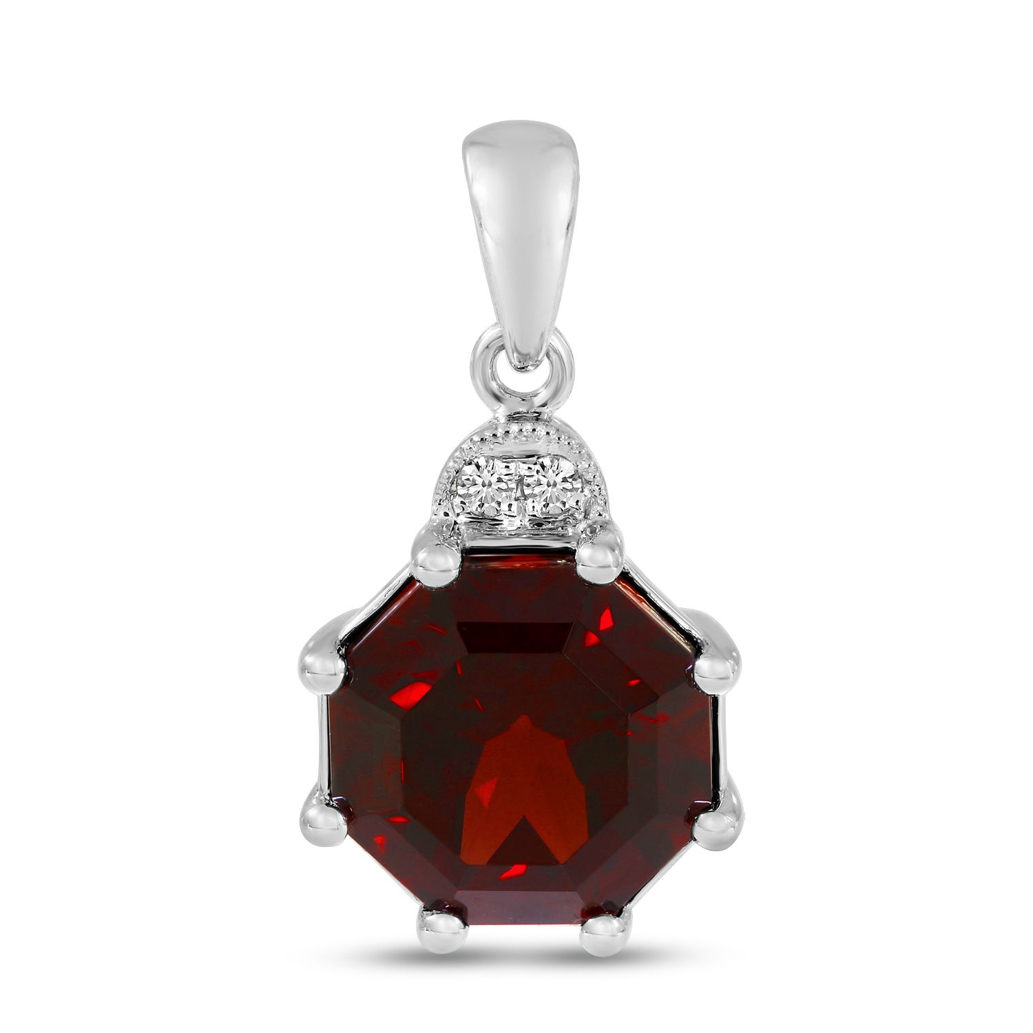 14K White Gold Garnet Octagon & Diamond Half Moon Pendant