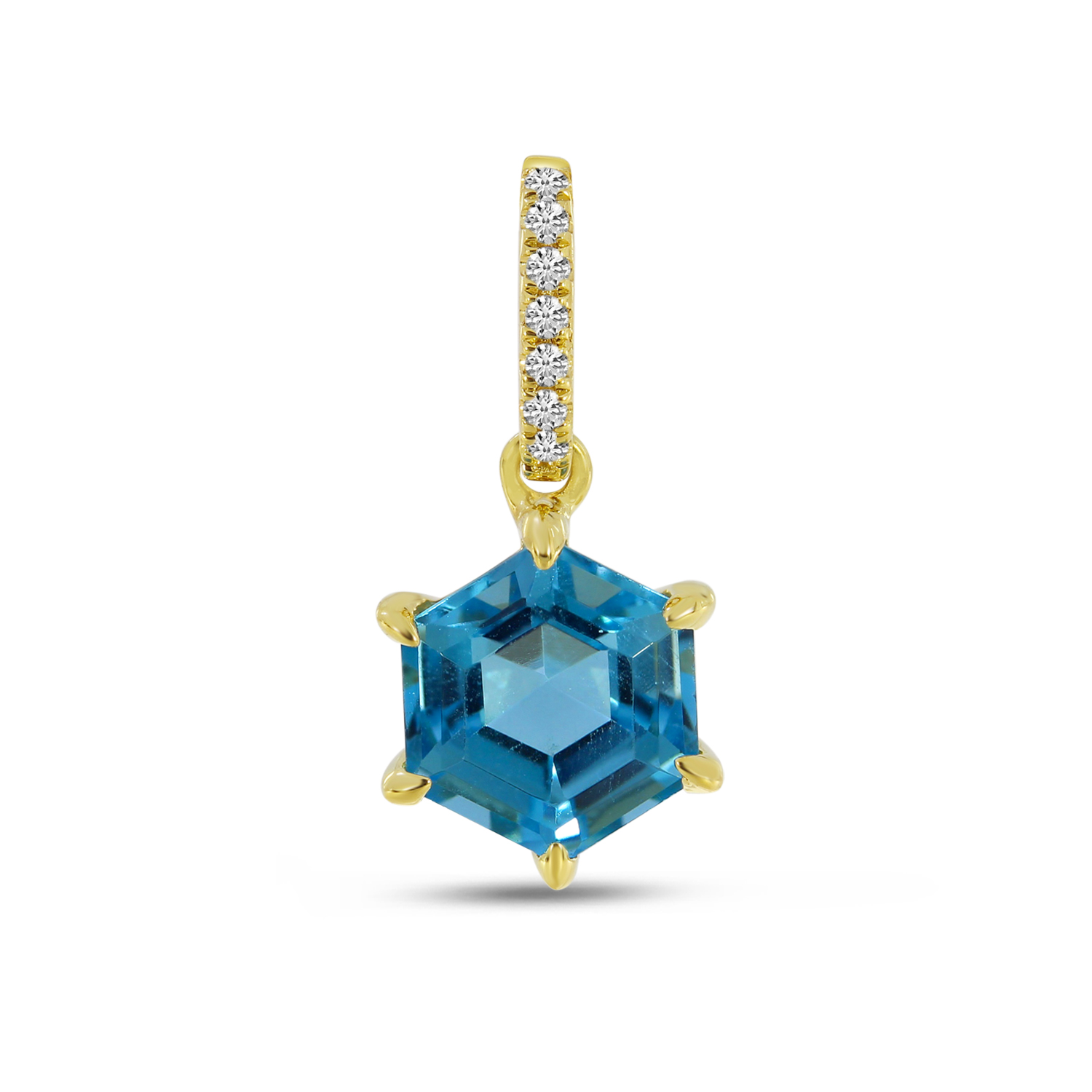 14K Yellow Gold Blue Topaz Semi Hexagon Diamond Pendant