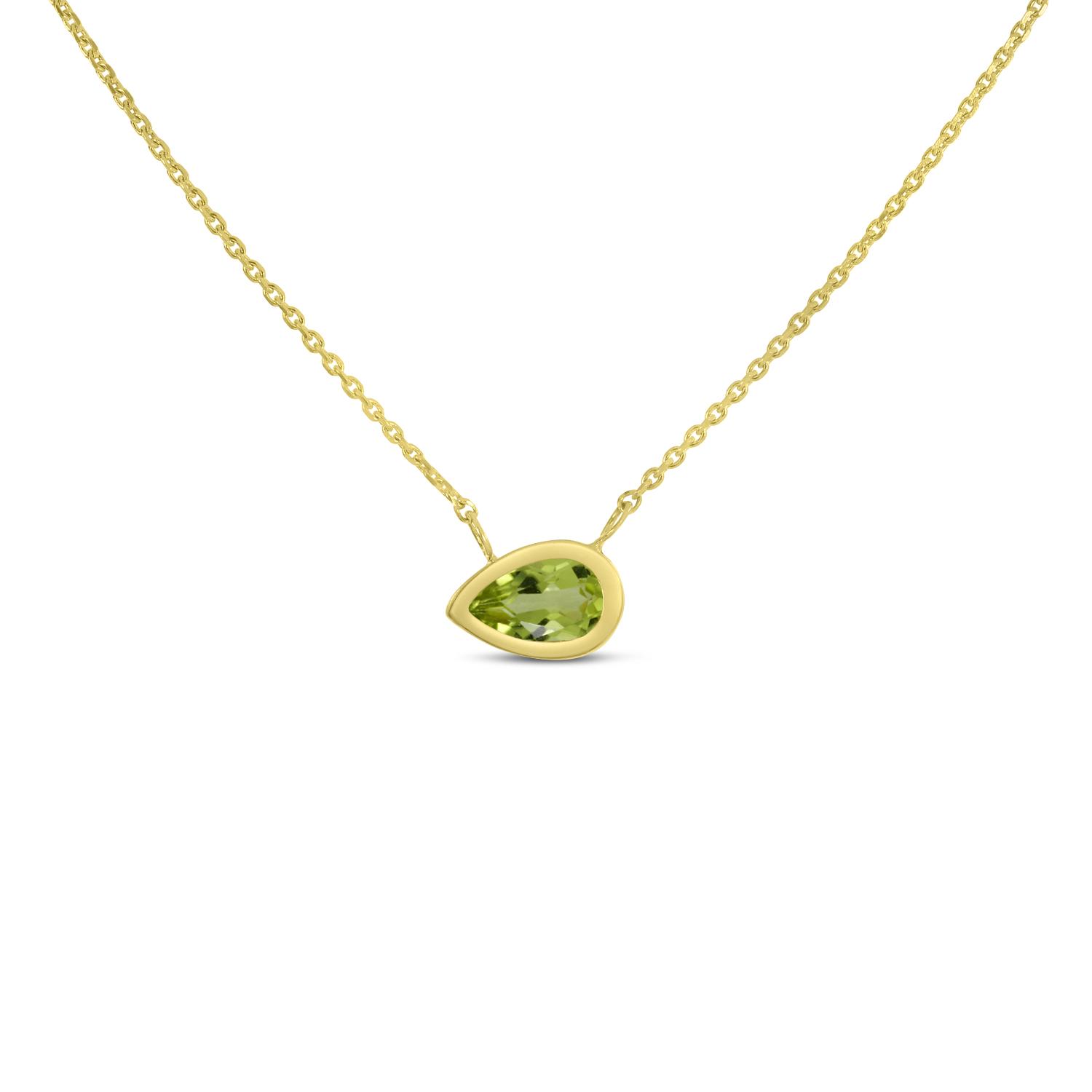 14K Yellow Gold Pear Peridot East to West Birthstone Necklace