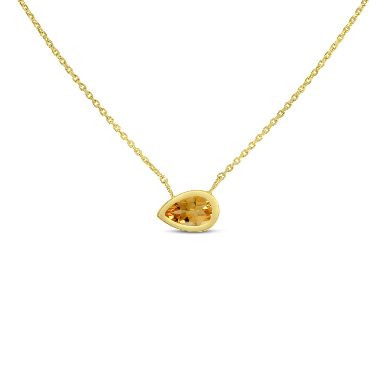 14K Yellow Gold Pear Citrine East to West Birthstone Necklace