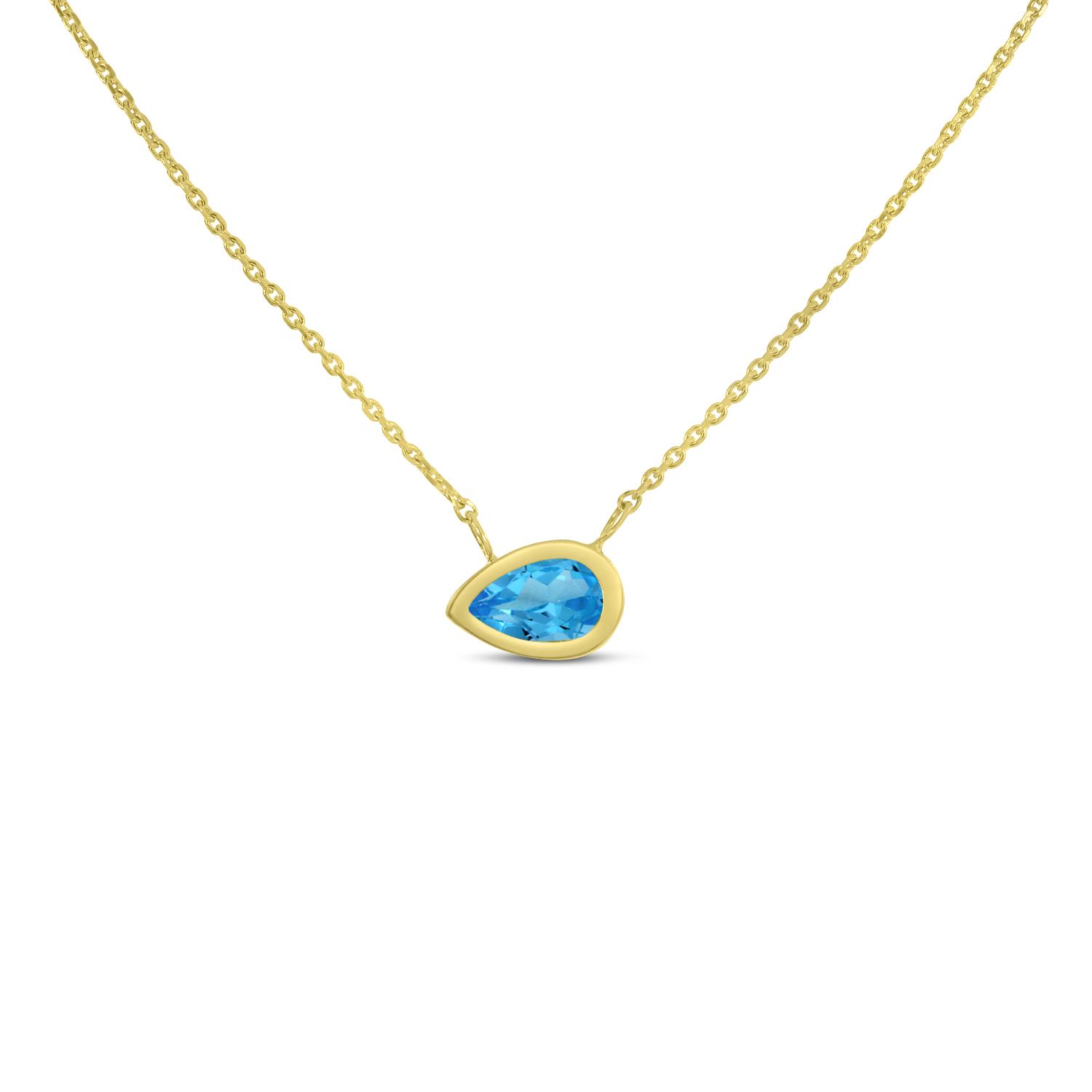 14K Yellow Gold Pear Blue Topaz East to West Birthstone Necklace