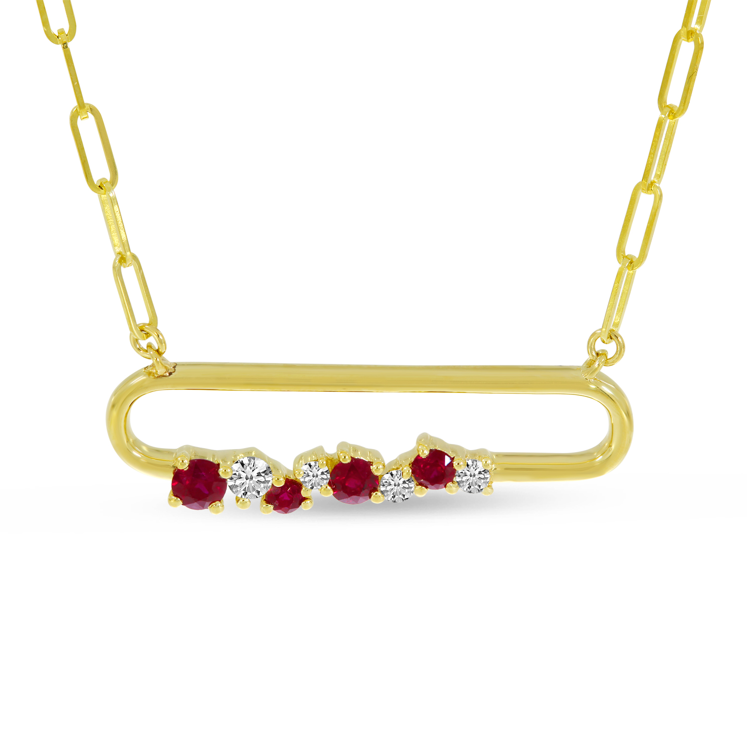 14K Yellow Gold Ruby Precious Paperclip Necklace