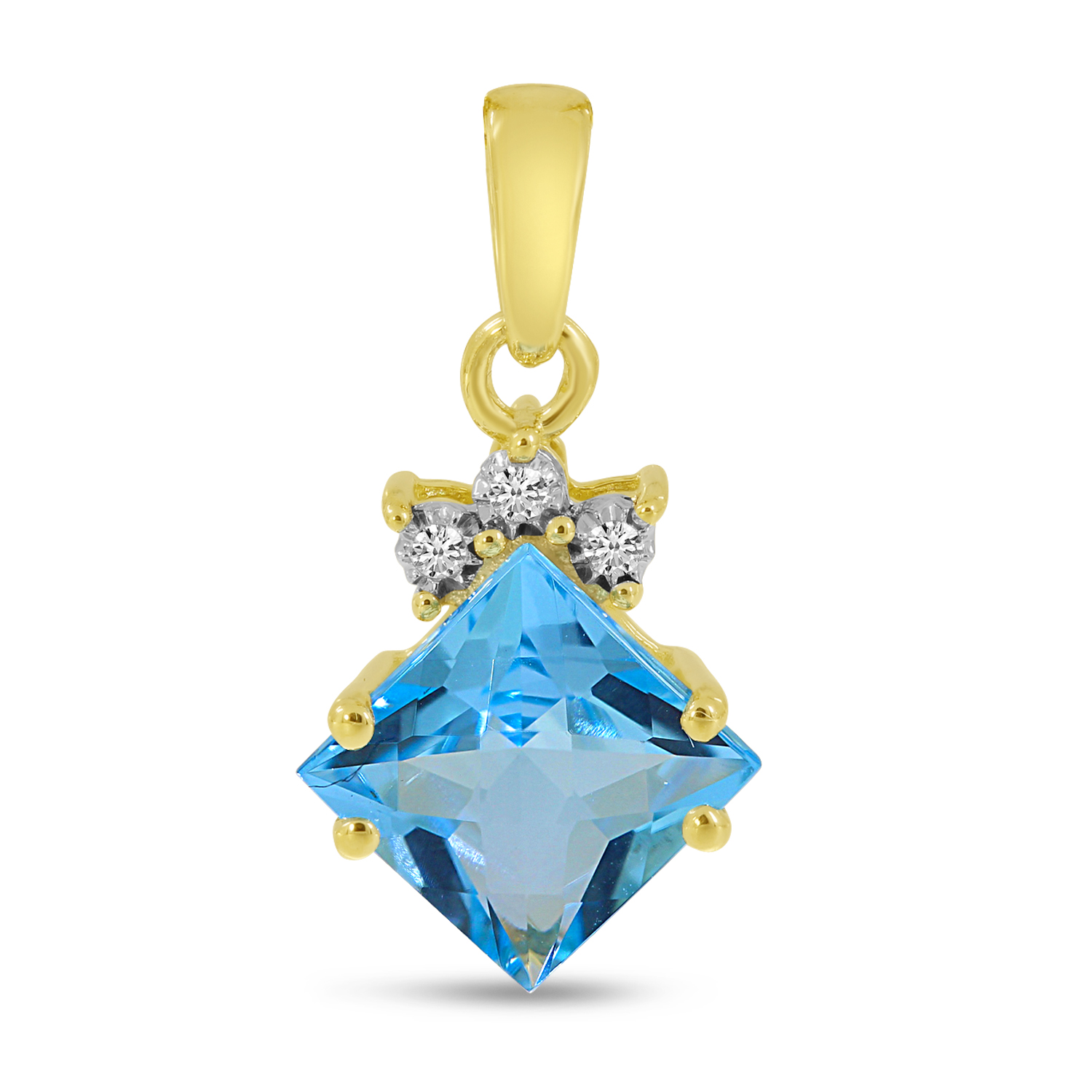 14K Yellow Gold Blue Topaz Princess Cut & Diamond Pendant