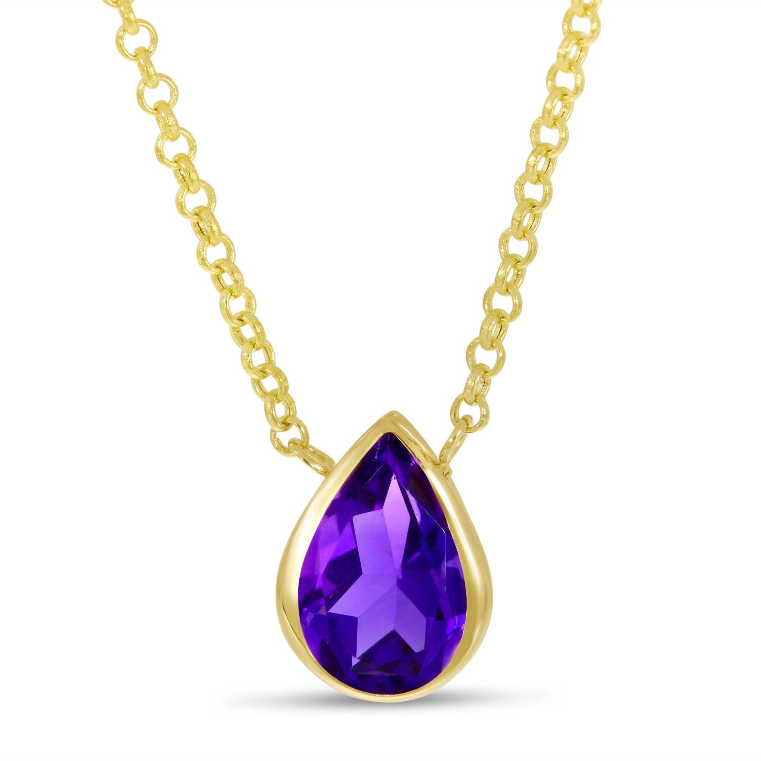 14K Yellow Gold Pear Amethyst 18 inch Rolo Necklace