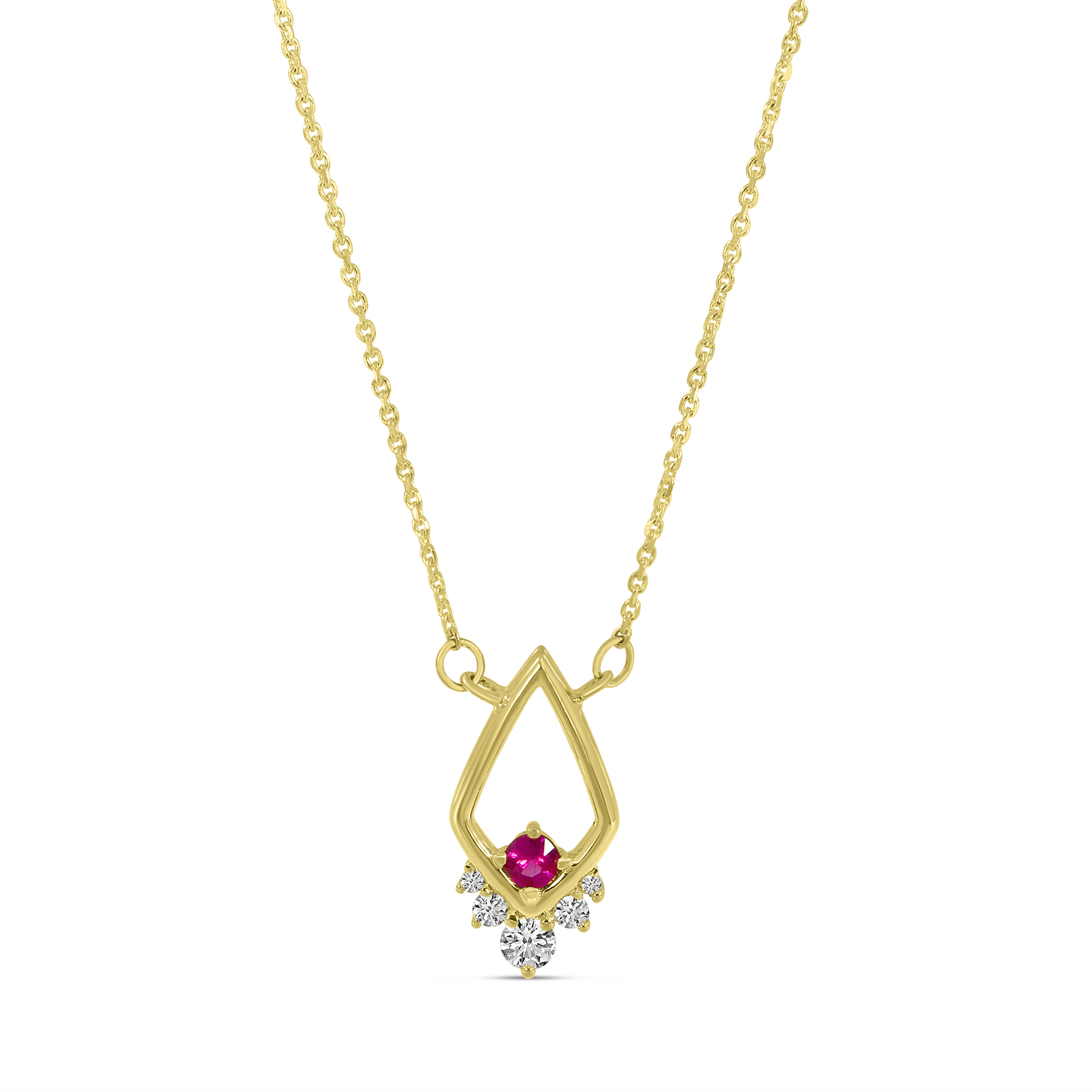 14K Yellow Gold Ruby & Diamond Open Triangle Necklace