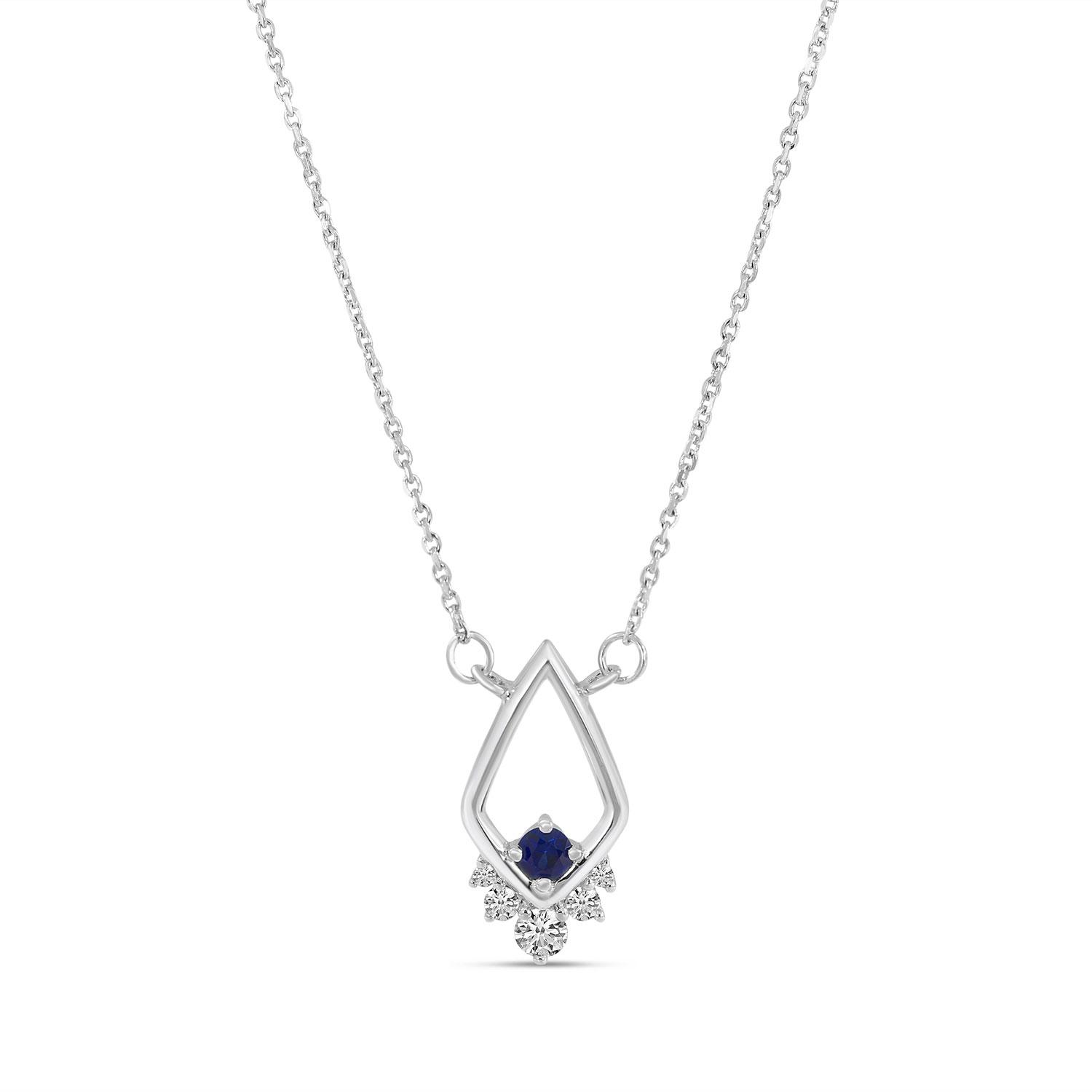 14K White Gold Round Sapphire and Diamond Triangle 18 inch Necklace\r\n14K White Gold Round Sapphire and Diamond Triangle 18 inch Necklace