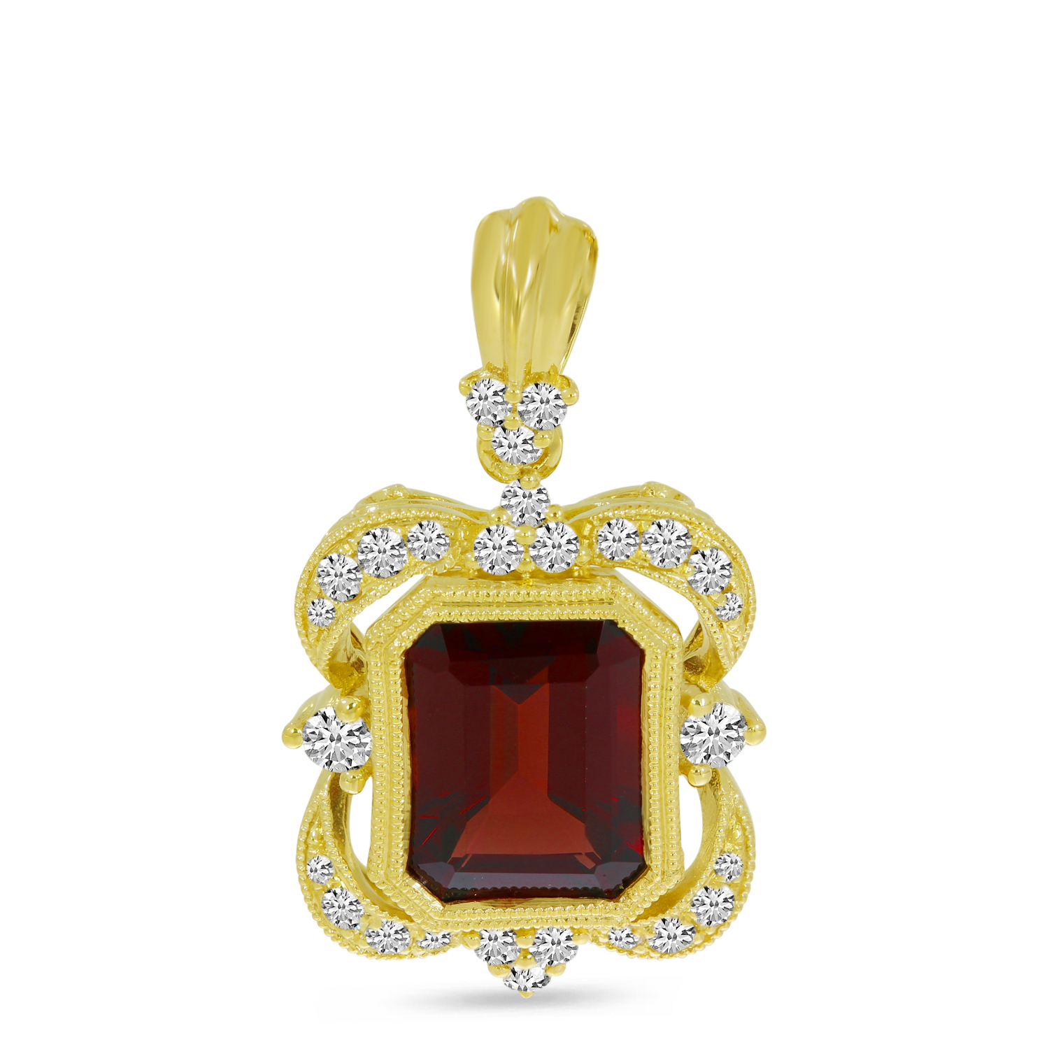 14K Yellow Gold Emerald-Cut Garnet & Diamond Millgrain Pendant