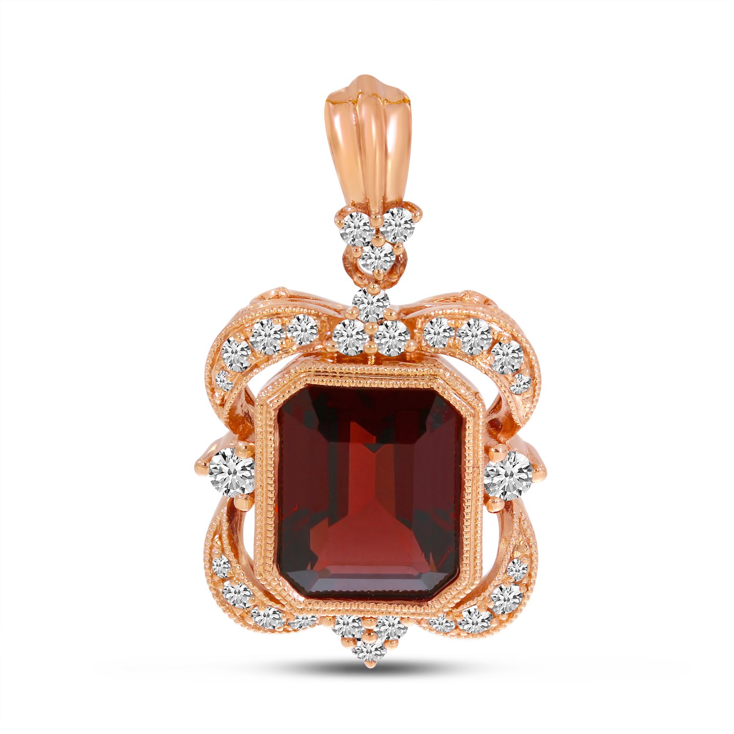 14K Rose Gold Emerald-Cut Garnet & Diamond Millgrain Pendant