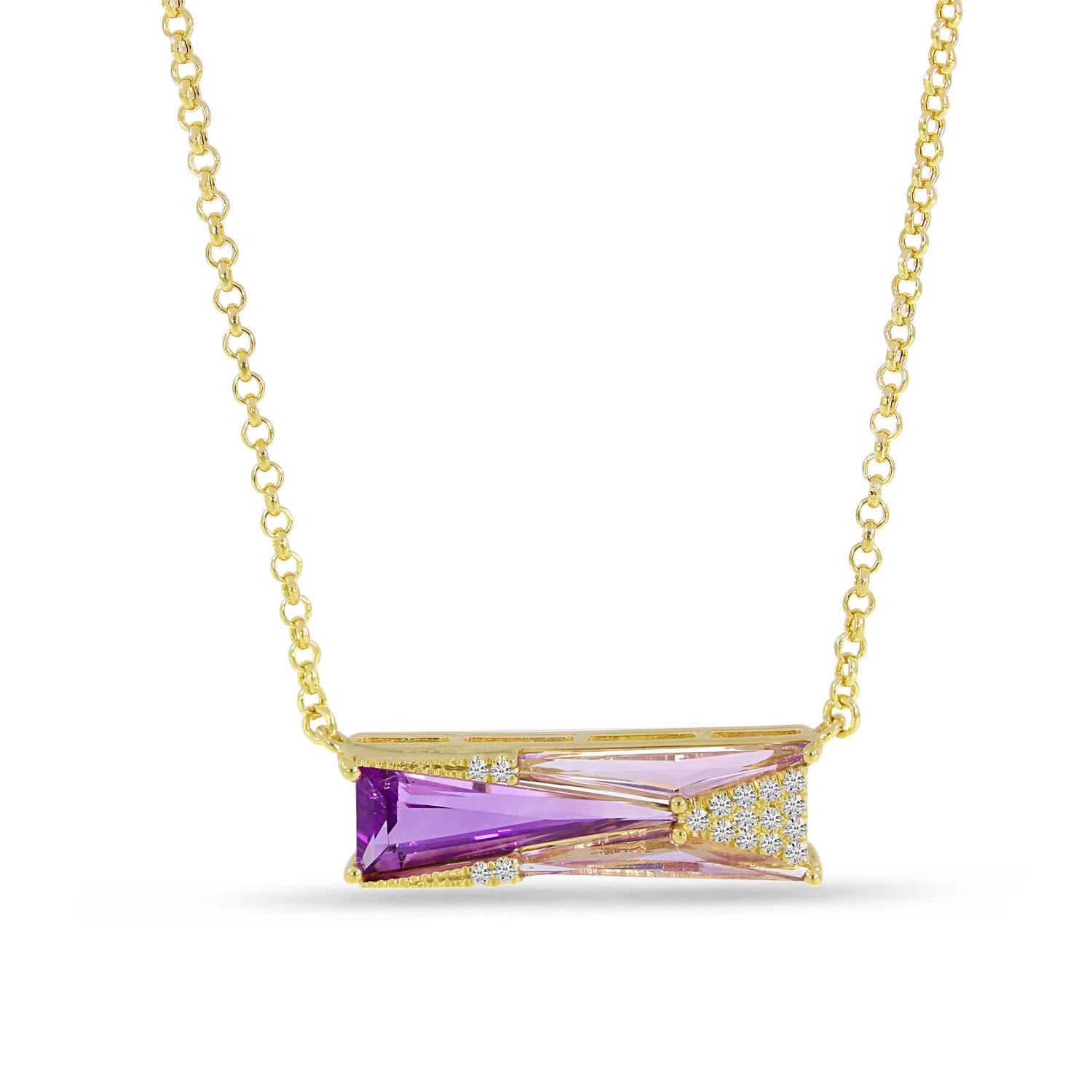 14K Yellow Gold Double Geometric Trillion Amethyst and Diamond 18 inch Necklace