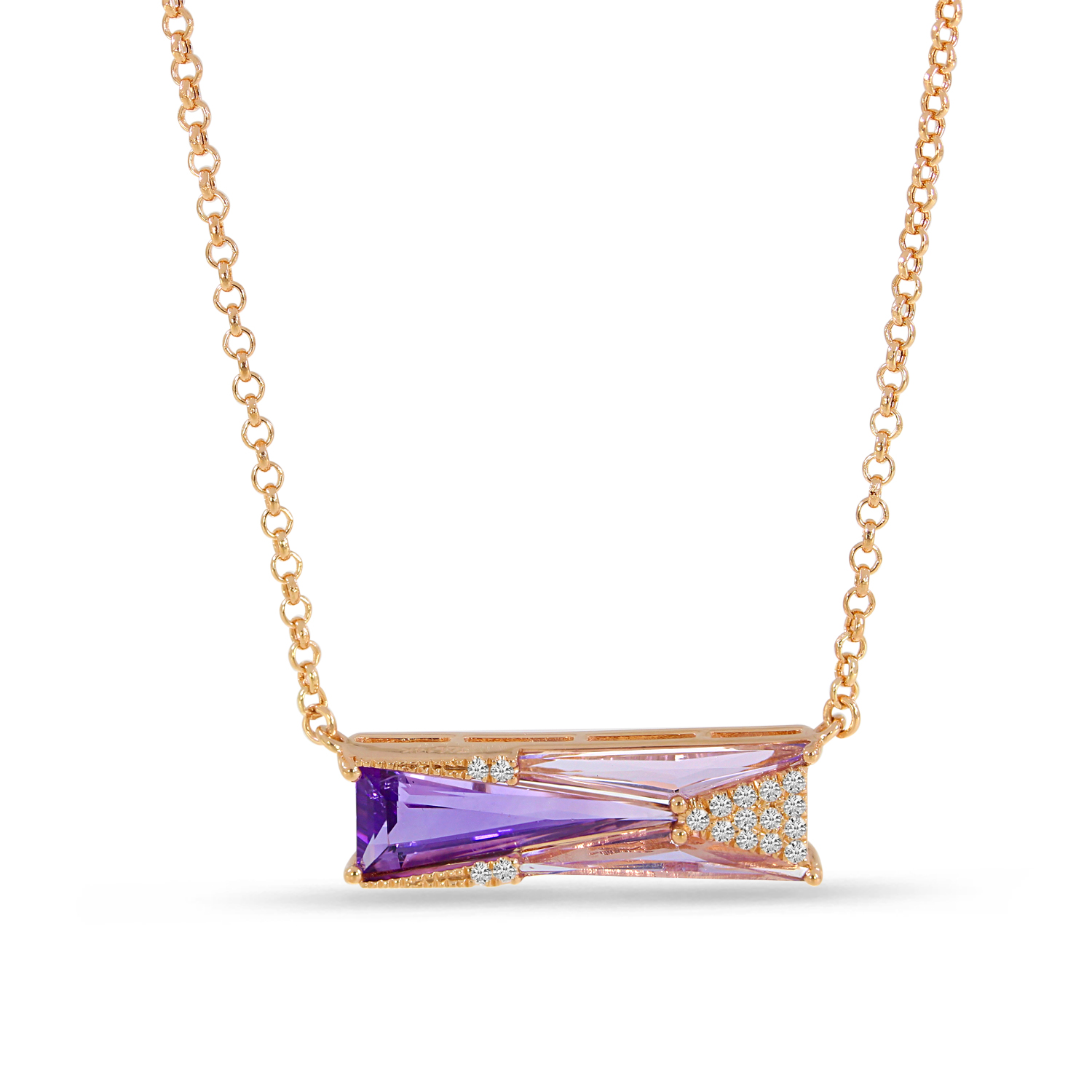 14K Rose Gold Trillion Amethyst & Diamond Geometric Necklace