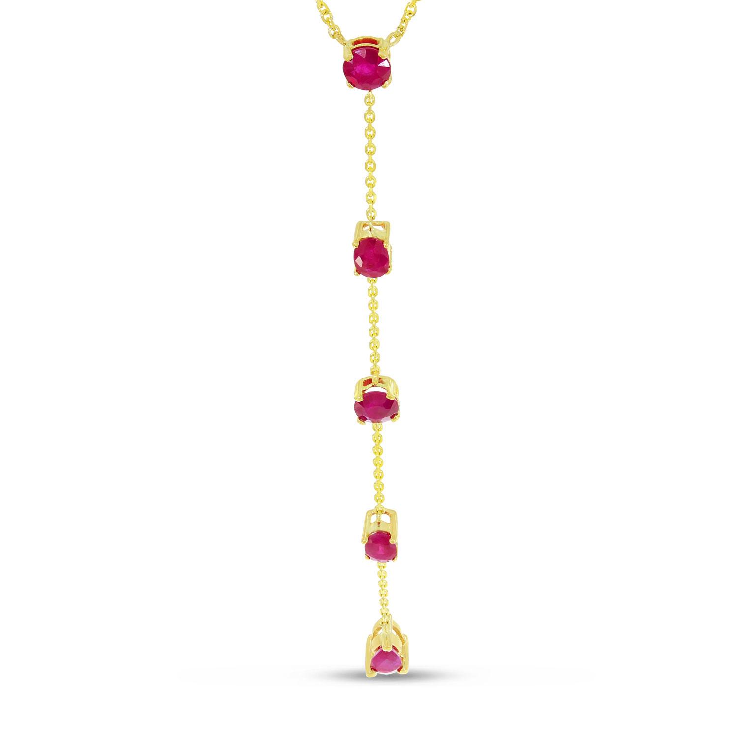 14K Yellow Gold Round Ruby Five Stone Lariat 18 inch Cable Necklace