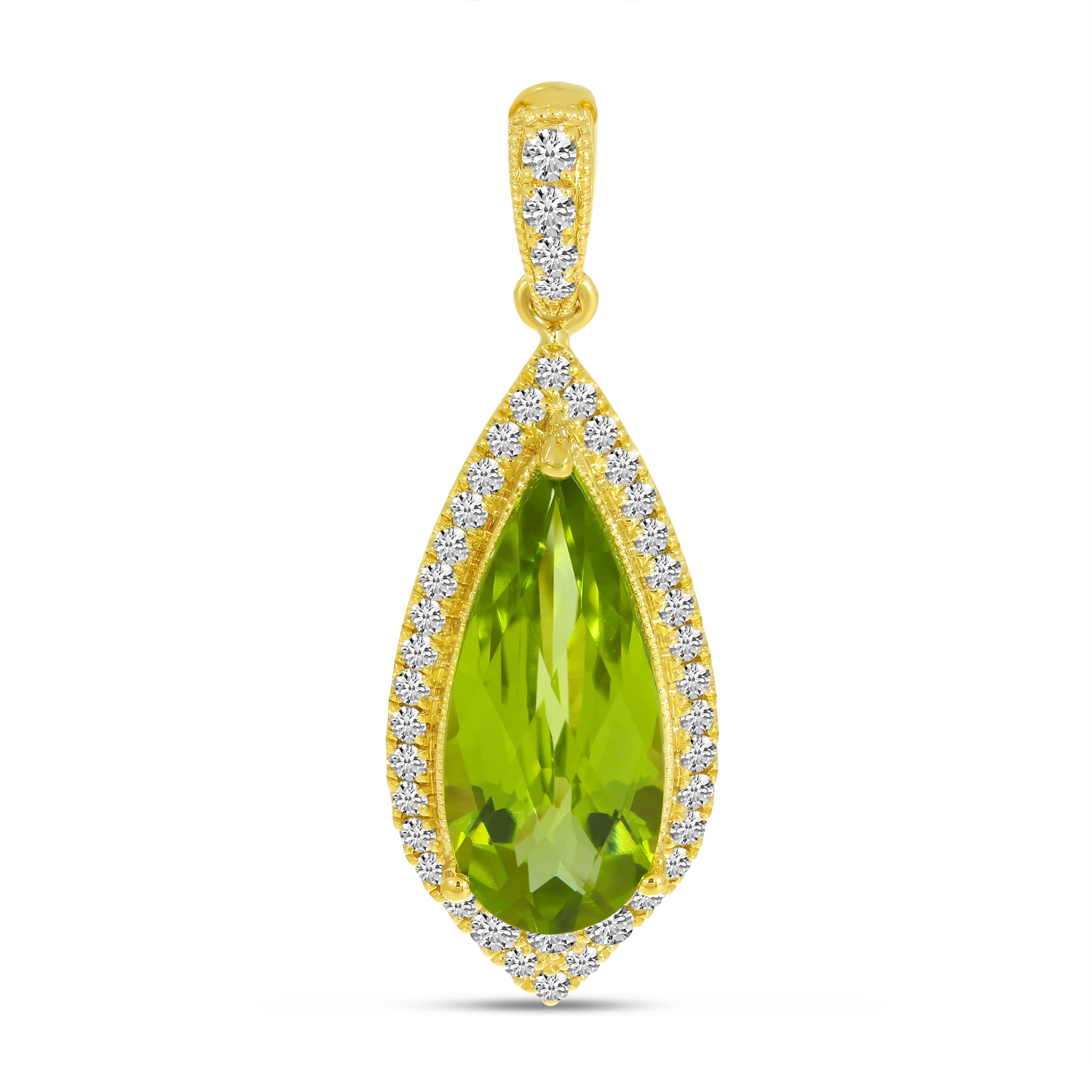 14K Yellow Gold Pear Peridot & Diamond Halo Pendant