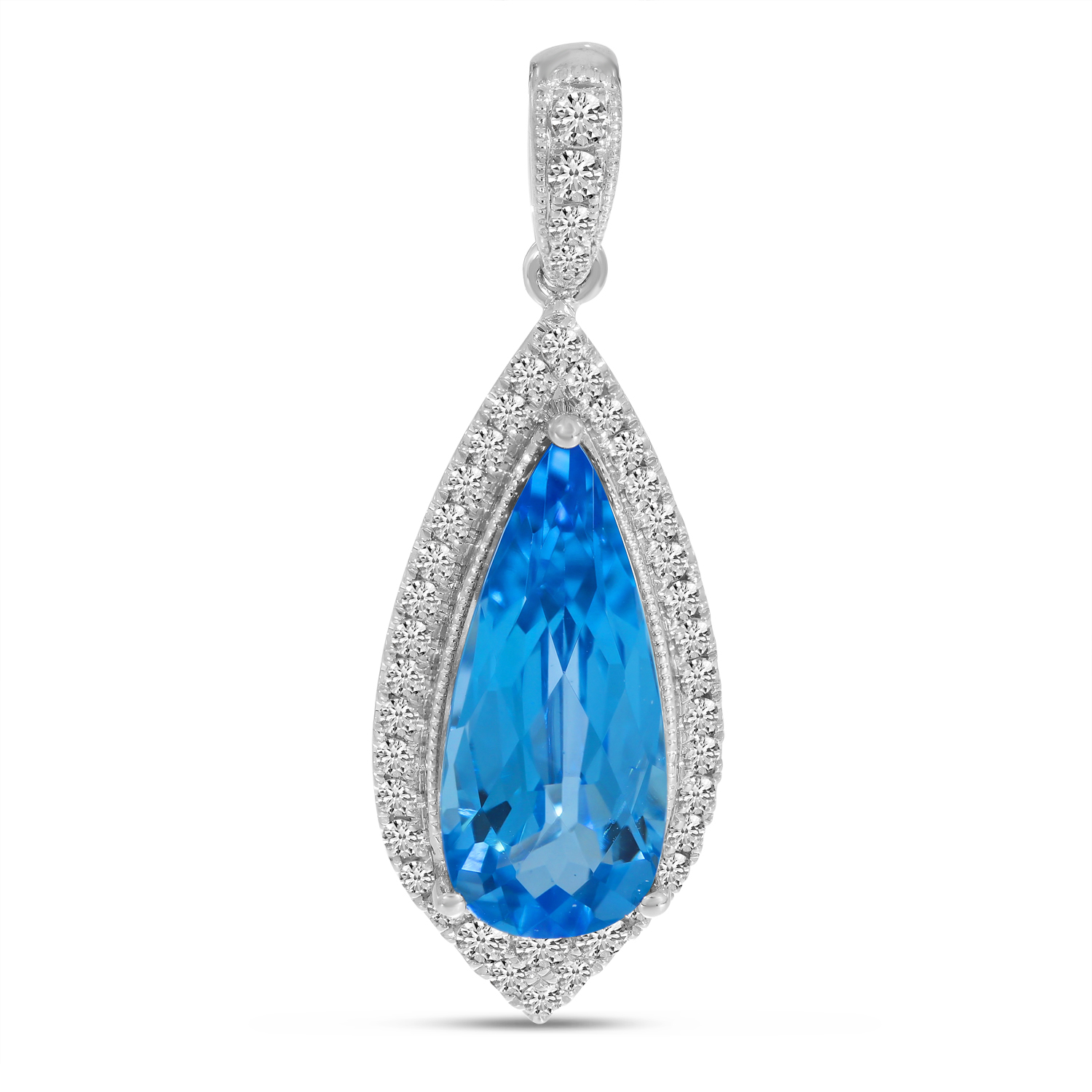 14K White Gold Pear Blue Topaz & Diamond Halo Pendant