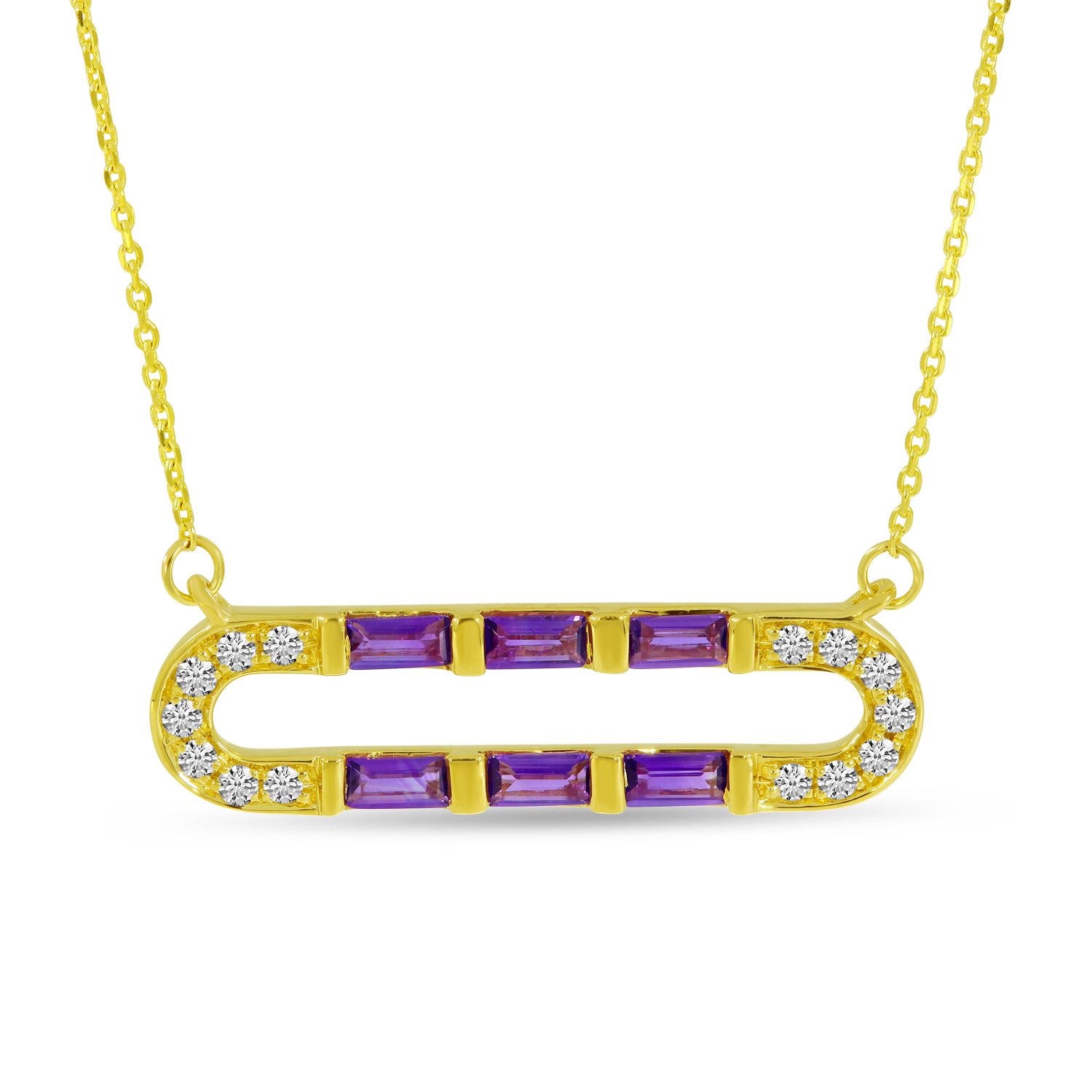 14K Yellow Gold Baguette Amethyst & Diamond Open Necklace