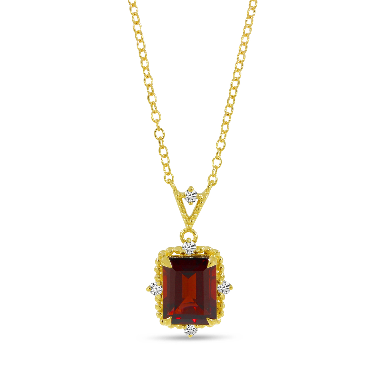 14K Yellow Gold Emerald-Cut Garnet & Diamond Beaded Halo Necklace