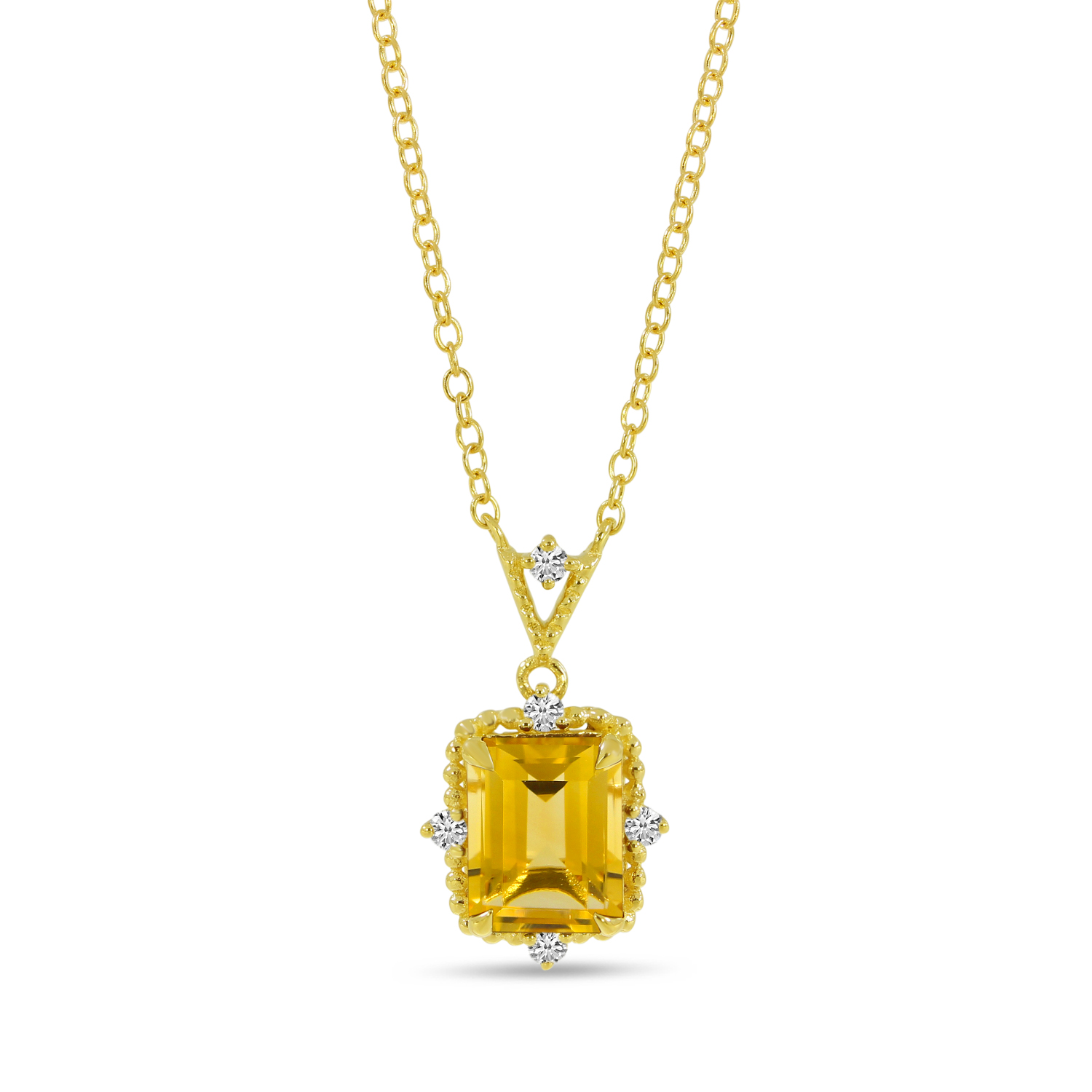 14K Yellow Gold Emerald-Cut Citrine & Diamond Beaded Halo Necklace