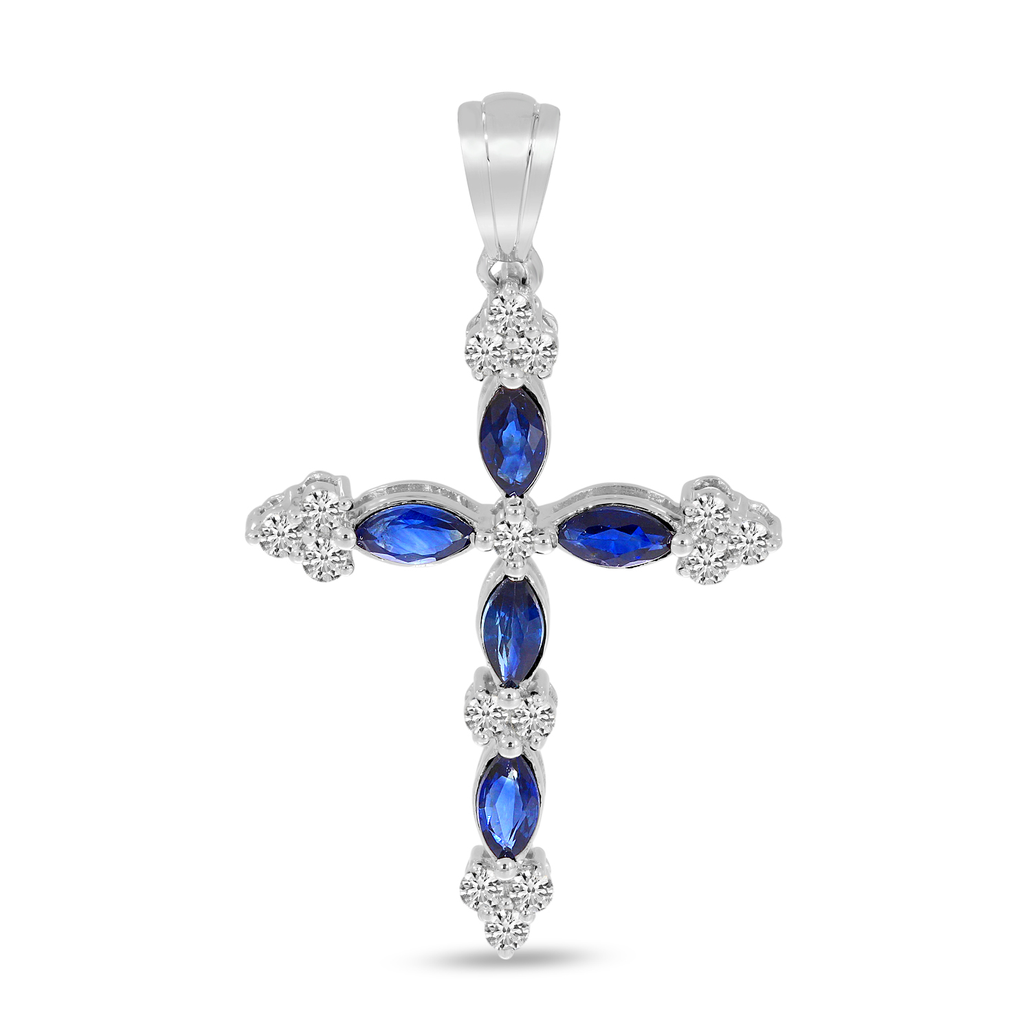 14K White Gold Marquis Sapphire & Diamond Cross Pendant