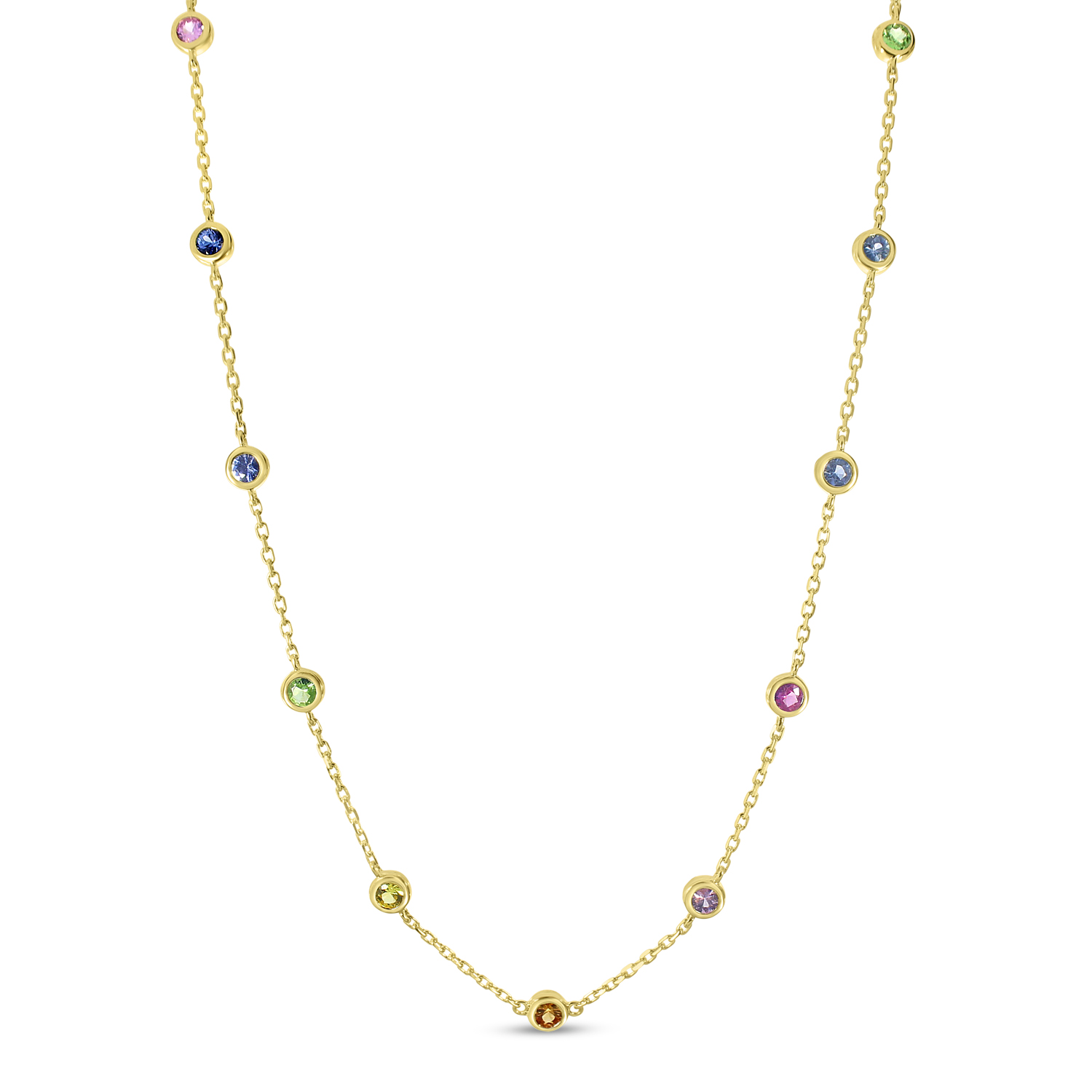 14K Yellow Gold Bezel Set Rainbow Sapphires Necklace