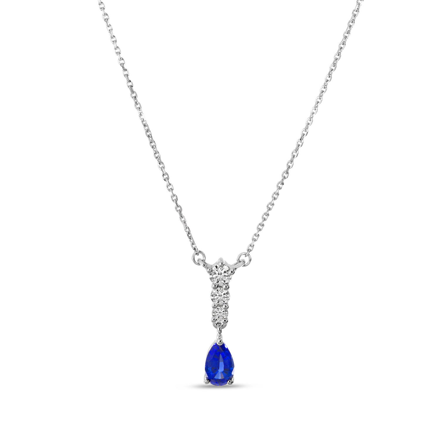 14K White Gold Pear Sapphire and Graduated Diamonds Dangle Necklace
