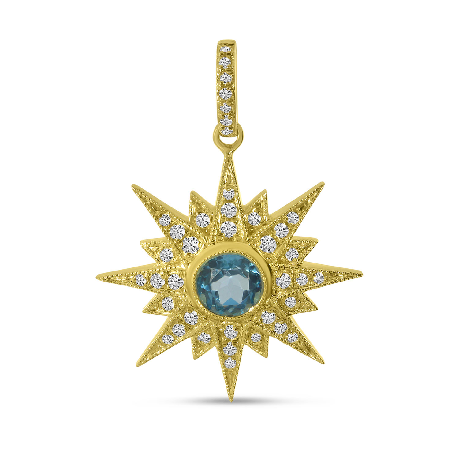 14K Yellow Gold Starburst Blue Topaz and Diamond Semi Precious Pendant