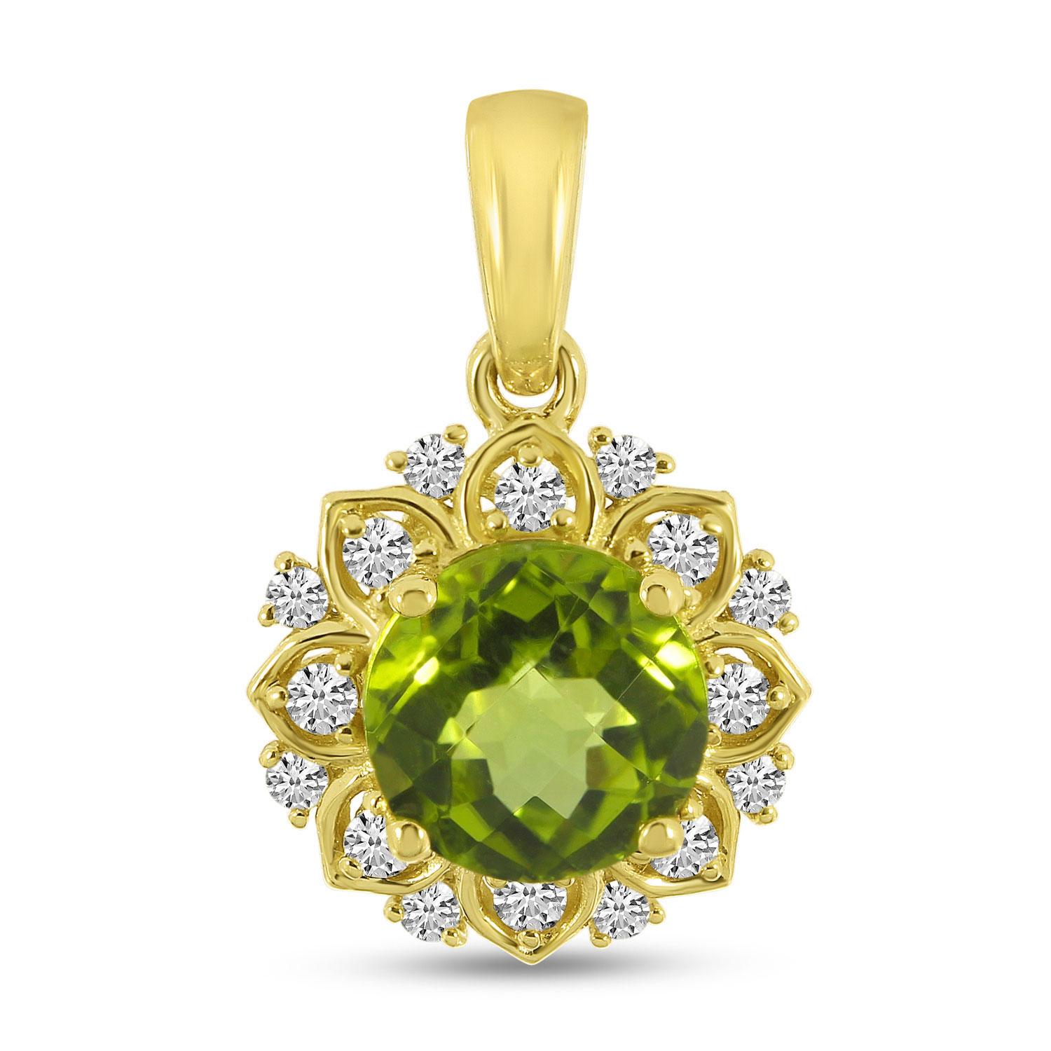 14K Yellow Gold Round Peridot and Diamond Floral Pendant