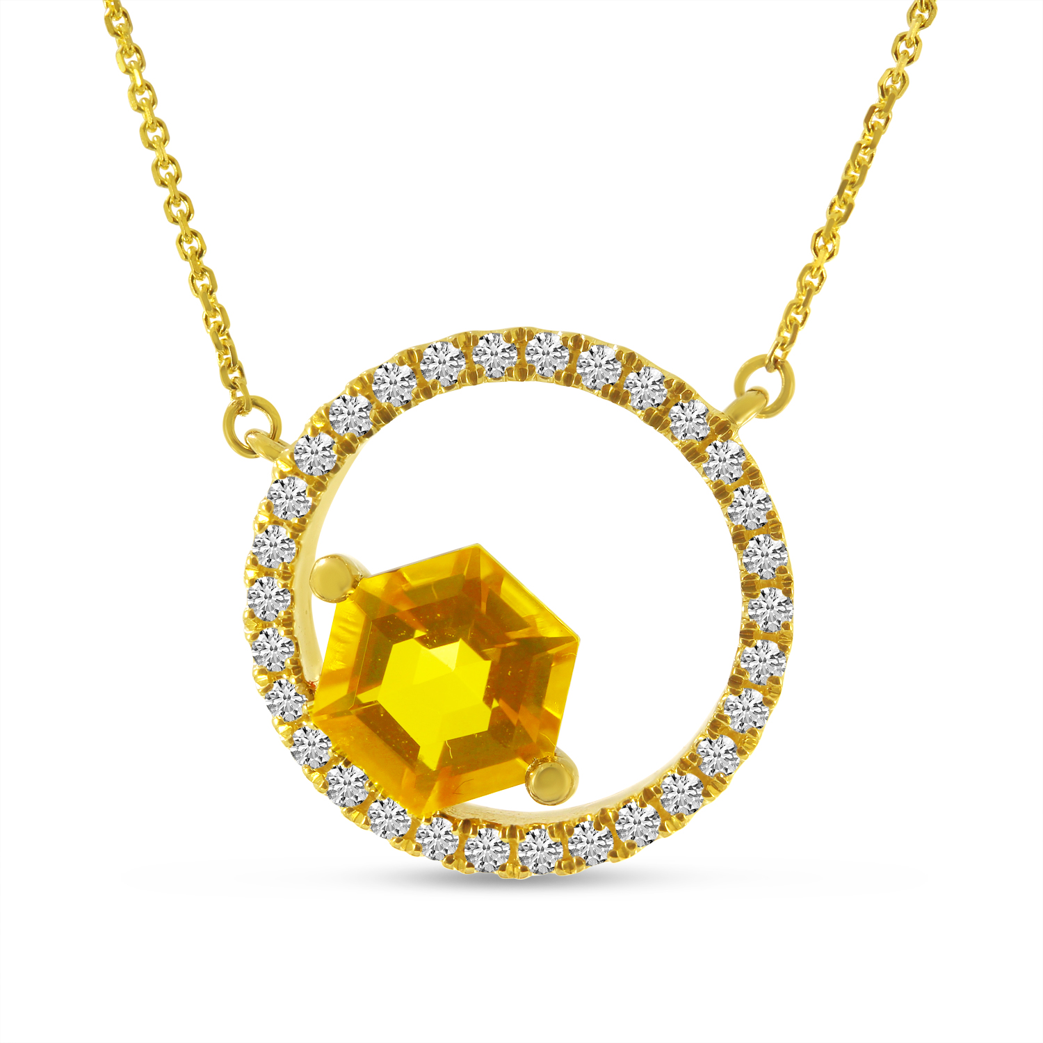 14K Yellow Gold Hexagon Citrine Diamond Circle Semi Precious 18 inch Necklace